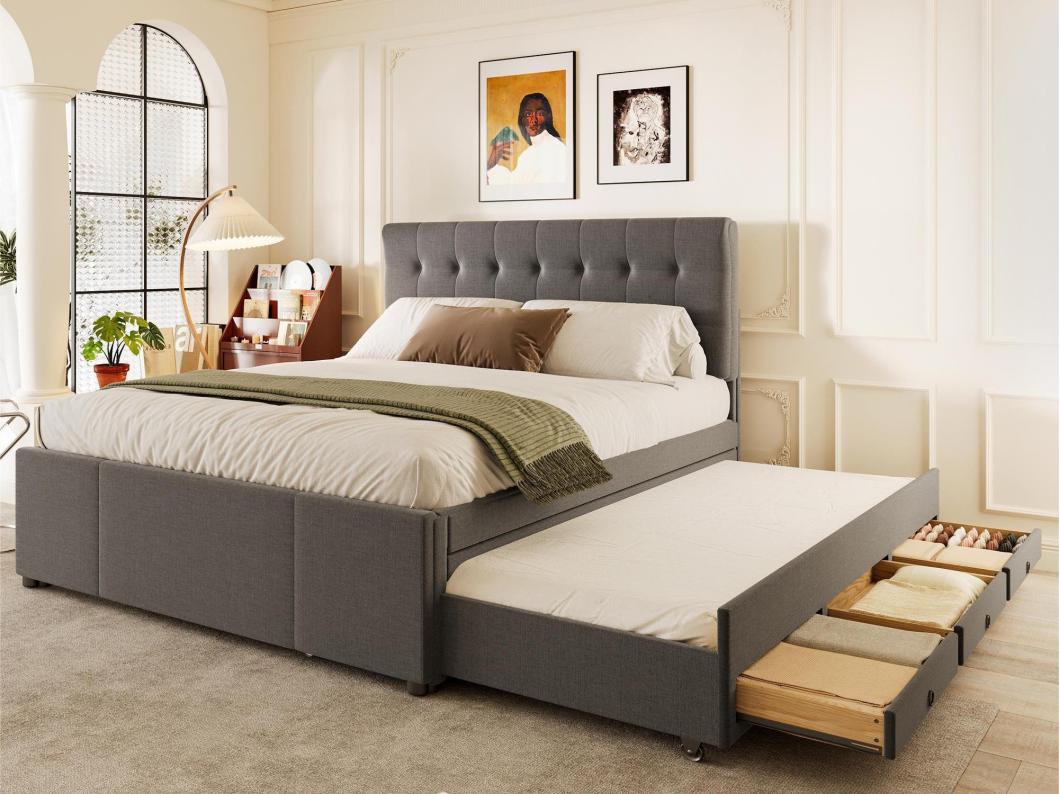 Letto imbottito 140x200 cm con letto estraibile 90x190 cm - in tessuto di lino - con 3 cassetti e rete a doghe - Grigio