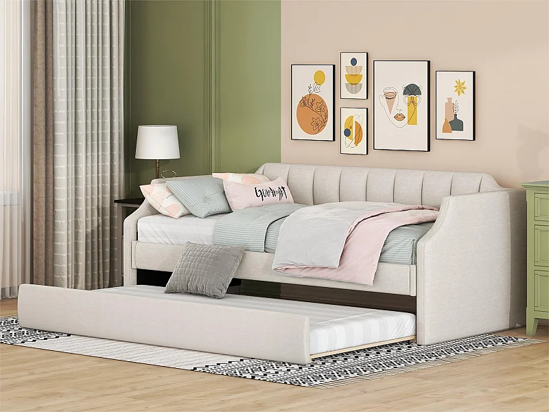 Lit gigogne 90x190/200cm en tissu de lin - avec sommier à lattes - Beige