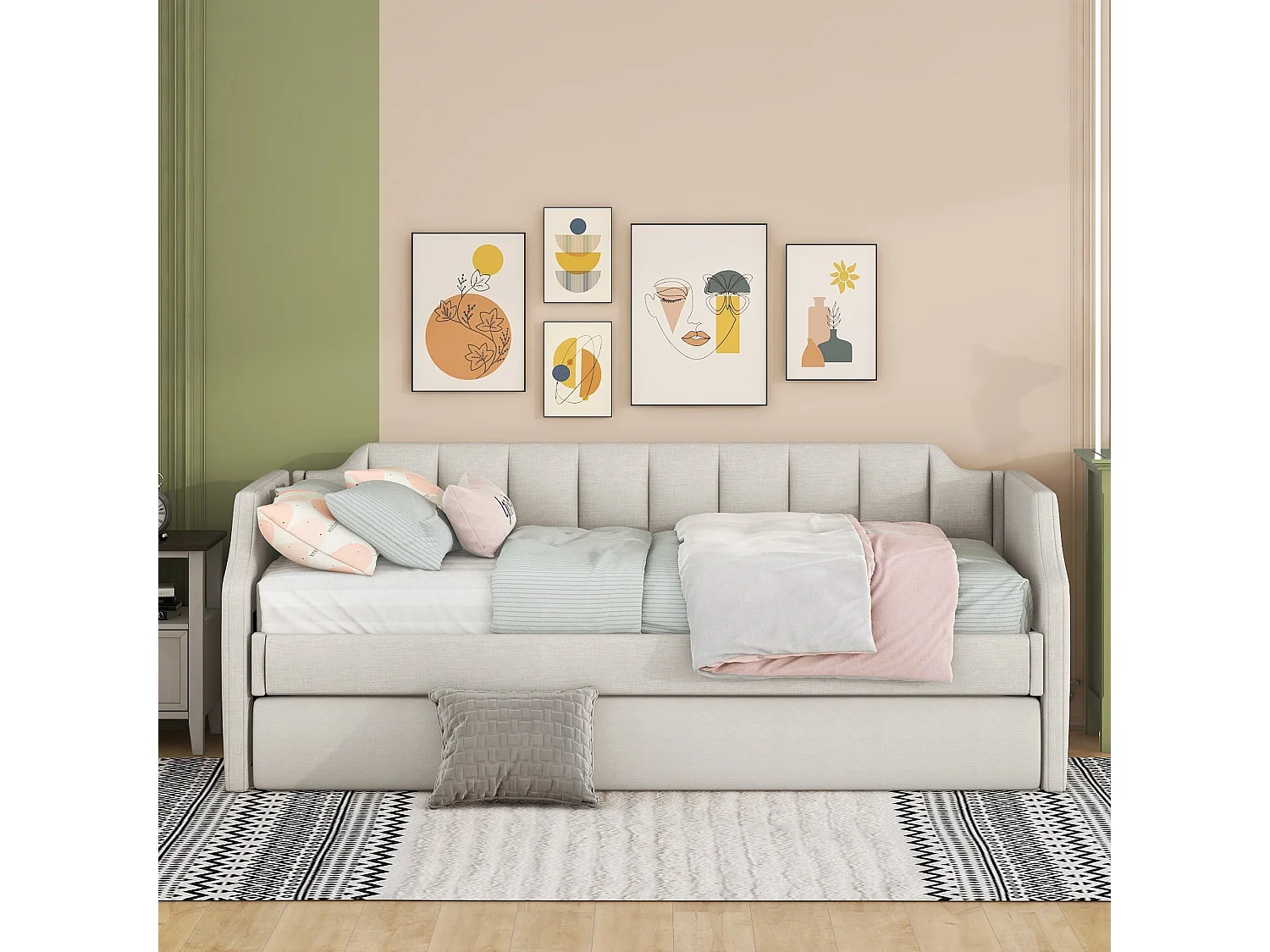 Lit gigogne 90x190/200cm en tissu de lin - avec sommier à lattes - Beige