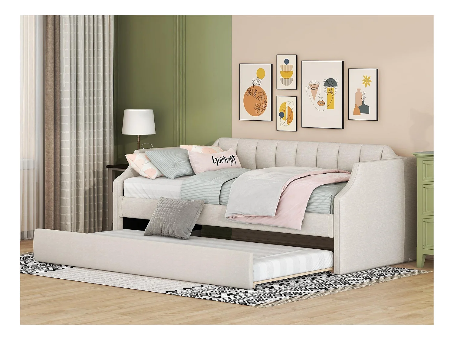 Lit gigogne 90x190/200cm en tissu de lin - avec sommier à lattes - Beige