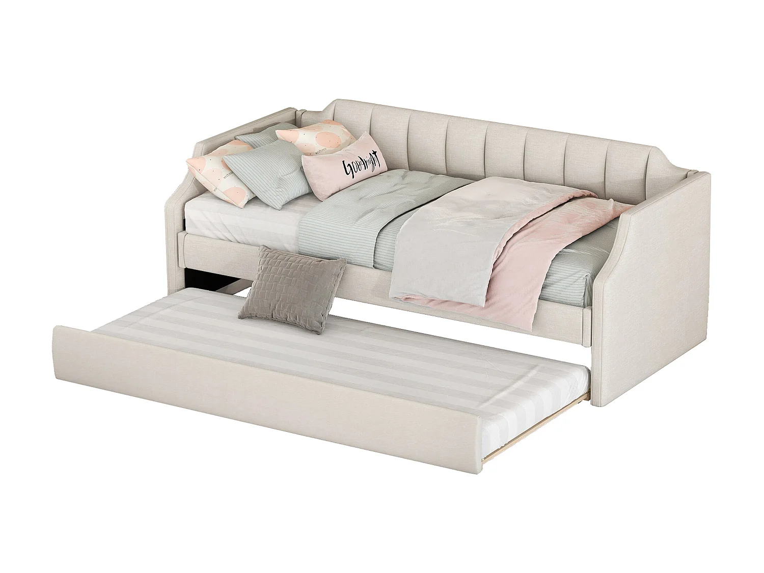 Onderschuifbed 90x190/200cm in linnenstof - met lattenbodem - Beige