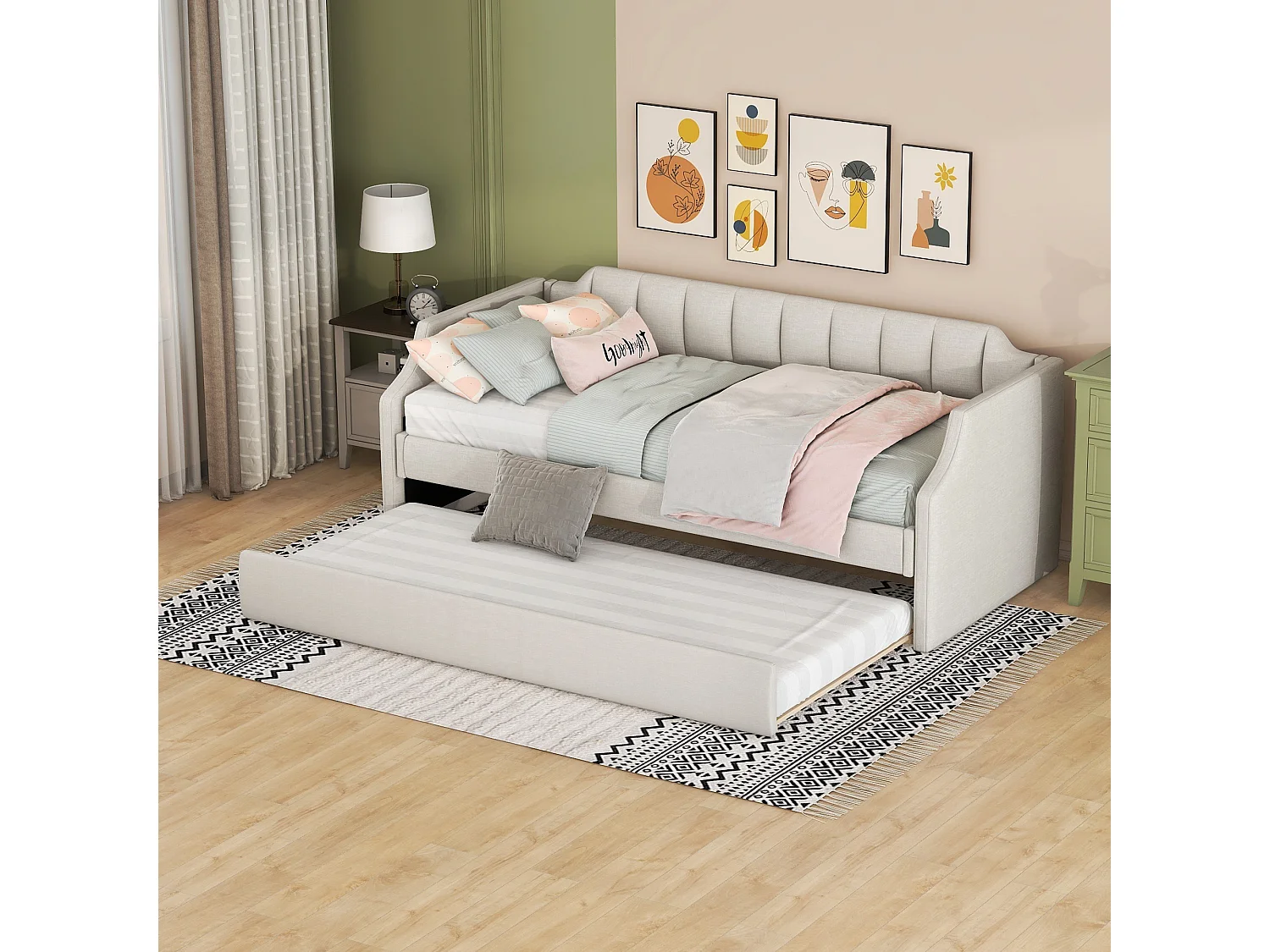 Ausziehbett 90x190/200cm aus Leinenstoff – mit Lattenrost – Beige