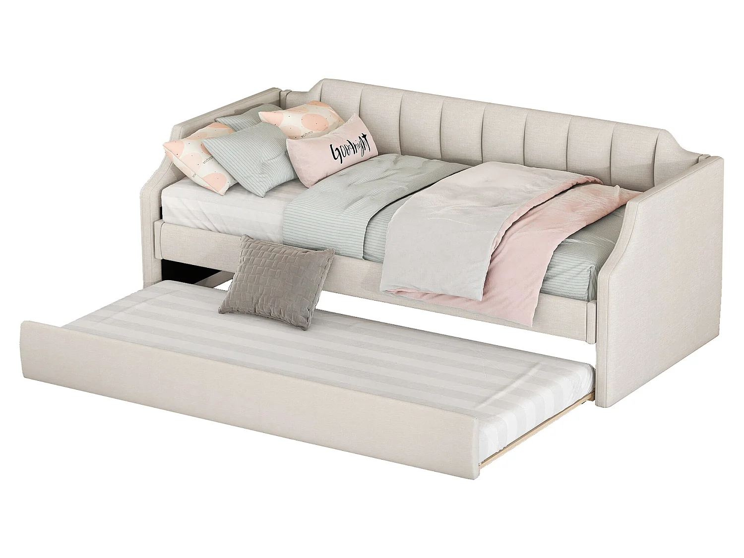 Ausziehbett 90x190/200cm aus Leinenstoff – mit Lattenrost – Beige