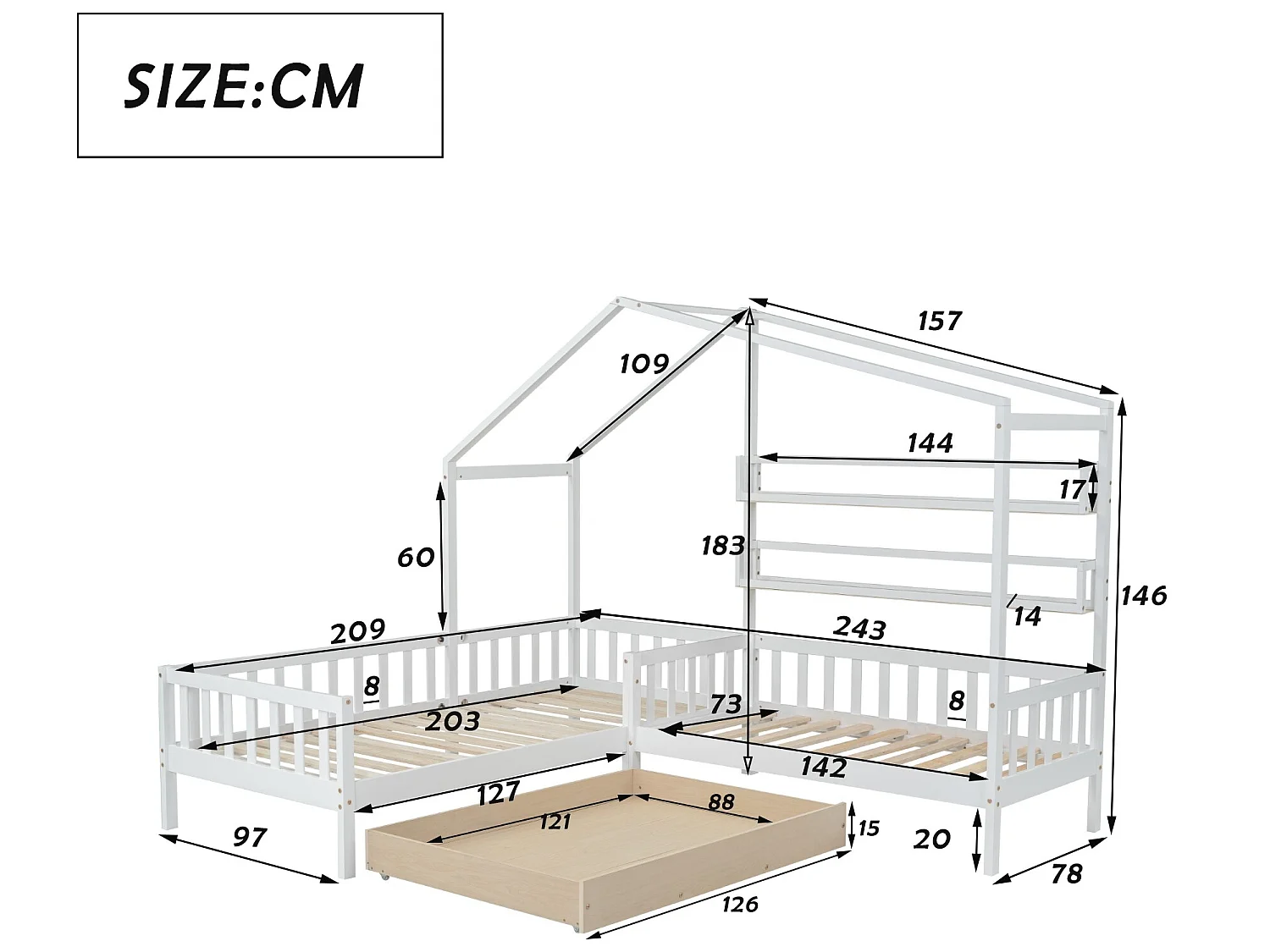 Cabinebed 90x200cm + 140x70cm in massief hout - met laden en planken + lattenbodem - Wit
