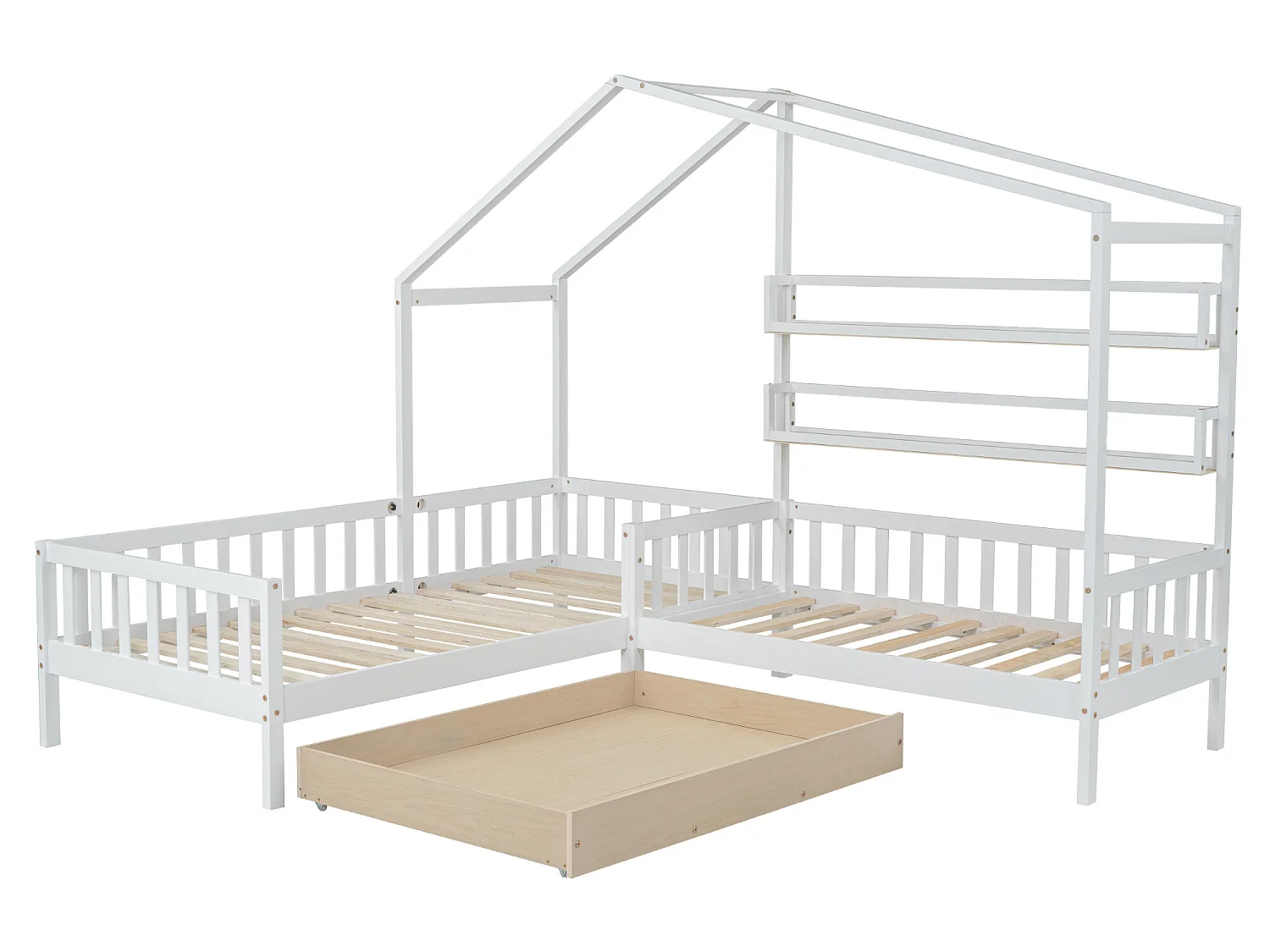 Cabinebed 90x200cm + 140x70cm in massief hout - met laden en planken + lattenbodem - Wit