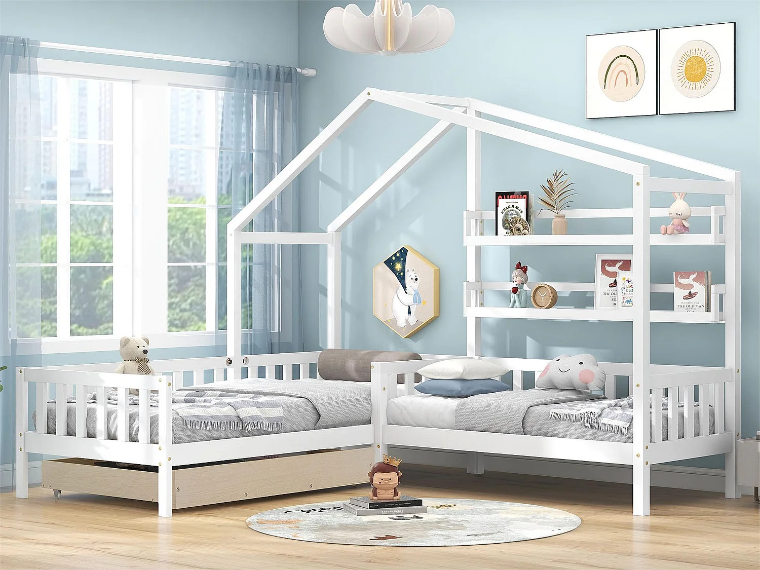 Letto a cabina 90x200cm + 140x70cm in legno massello - con cassetti e ripiani + rete a doghe - Bianco