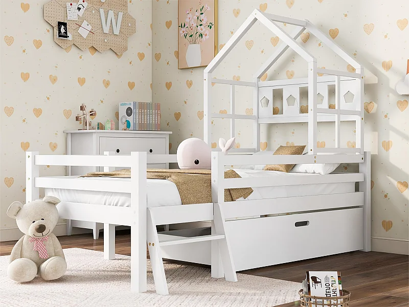 Cabinebed 90x200cm - massief hout - met ladder + lades + valbeveiliging - Wit