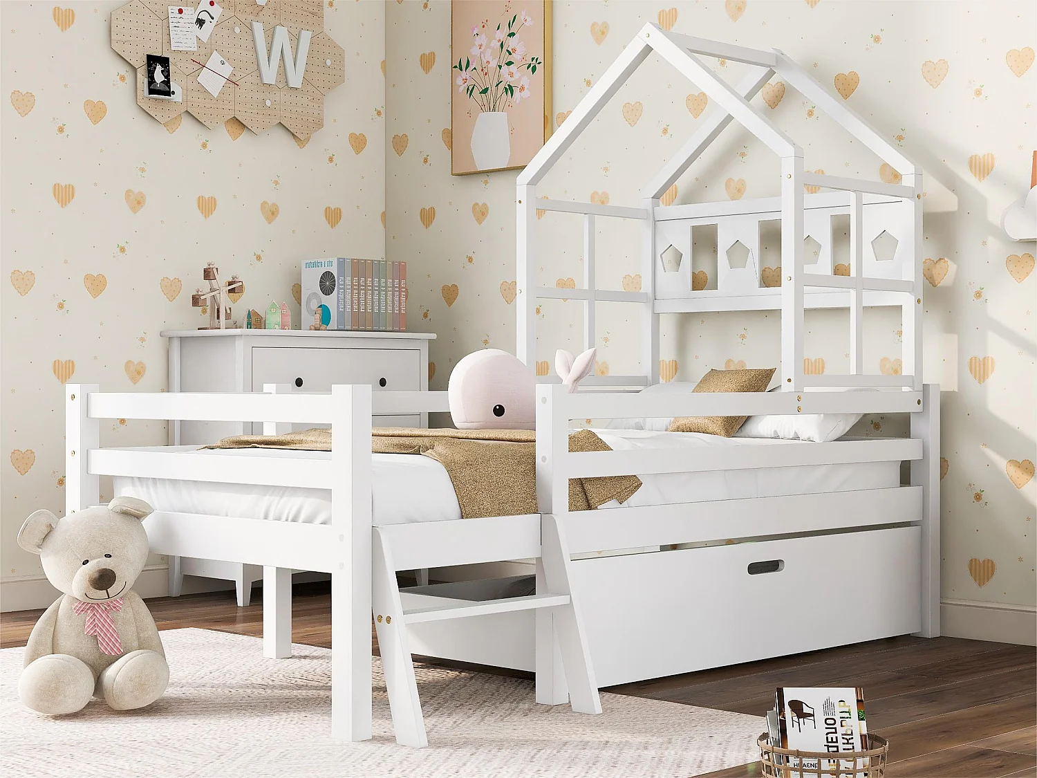 Cabinebed 90x200cm - massief hout - met ladder + lades + valbeveiliging - Wit