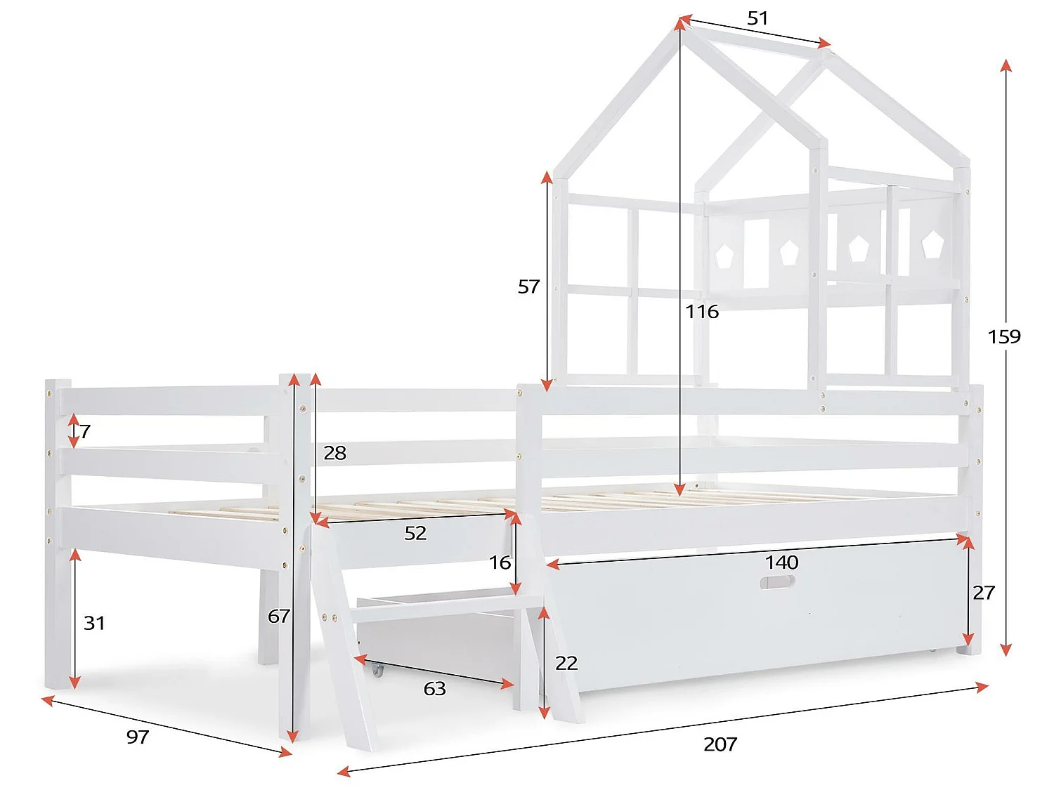 Cabinebed 90x200cm - massief hout - met ladder + lades + valbeveiliging - Wit