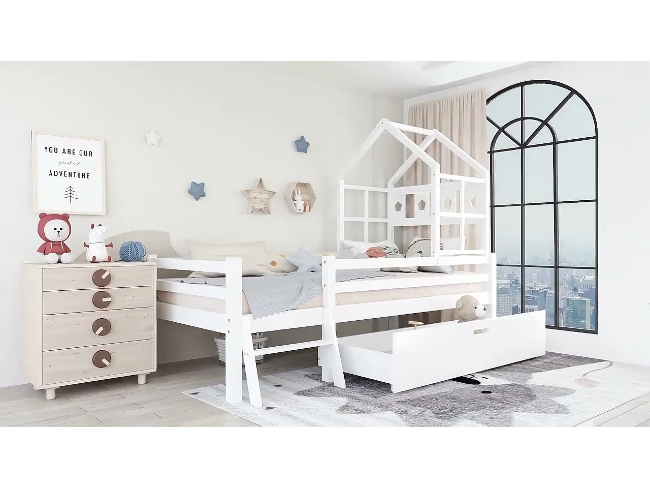 Hausbett mit Leiter + Schubladen + Absturzsicherung – 90x200cm – Massivholz – Weiß