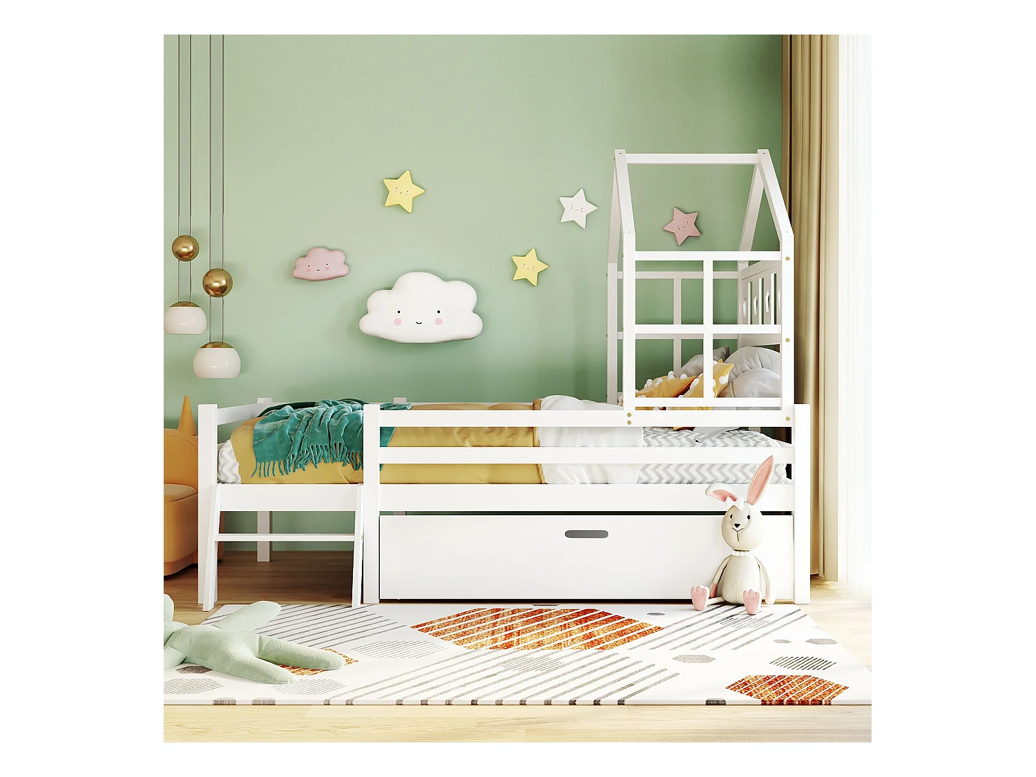 Hausbett mit Leiter + Schubladen + Absturzsicherung – 90x200cm – Massivholz – Weiß