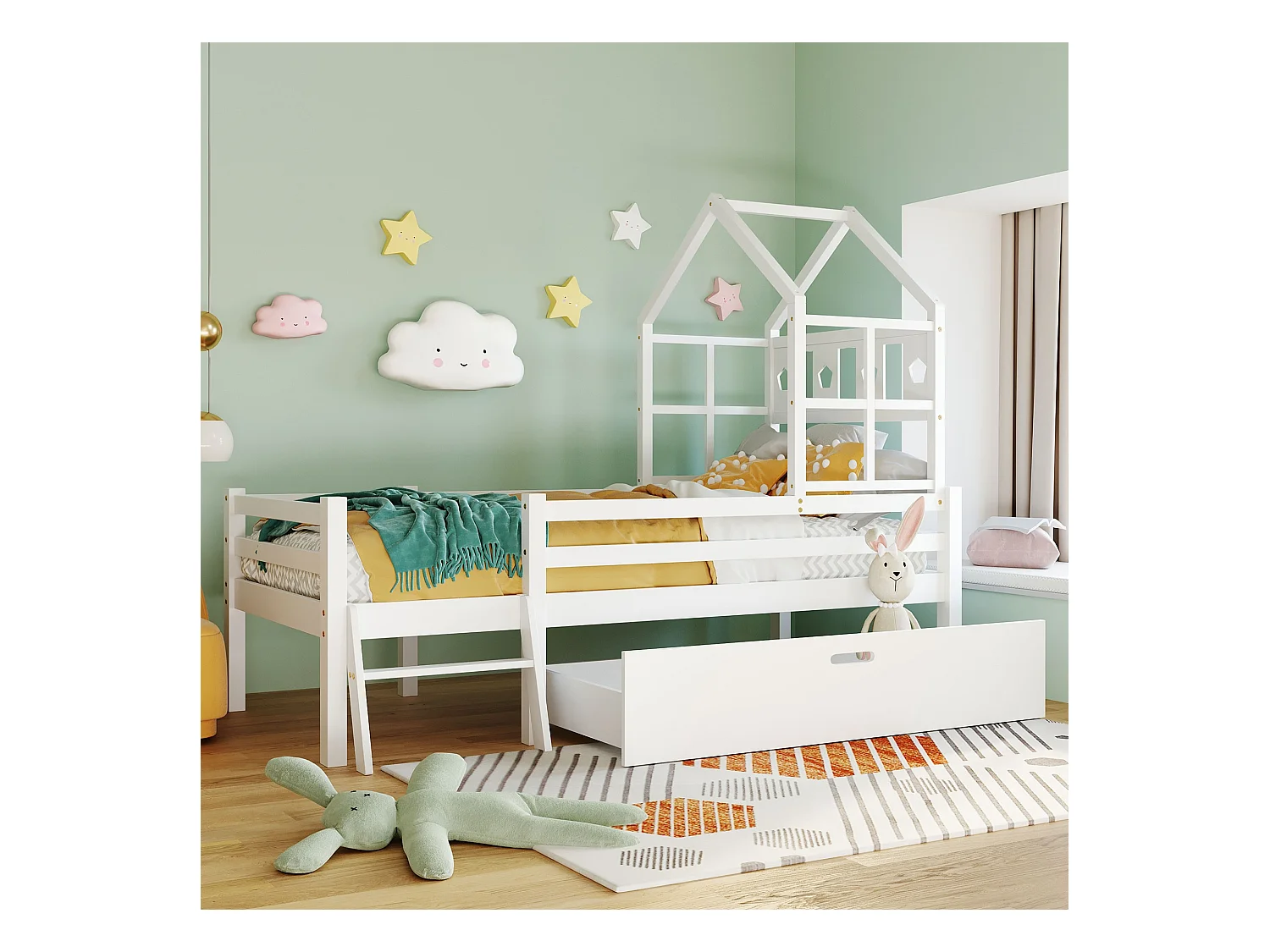 Hausbett mit Leiter + Schubladen + Absturzsicherung – 90x200cm – Massivholz – Weiß