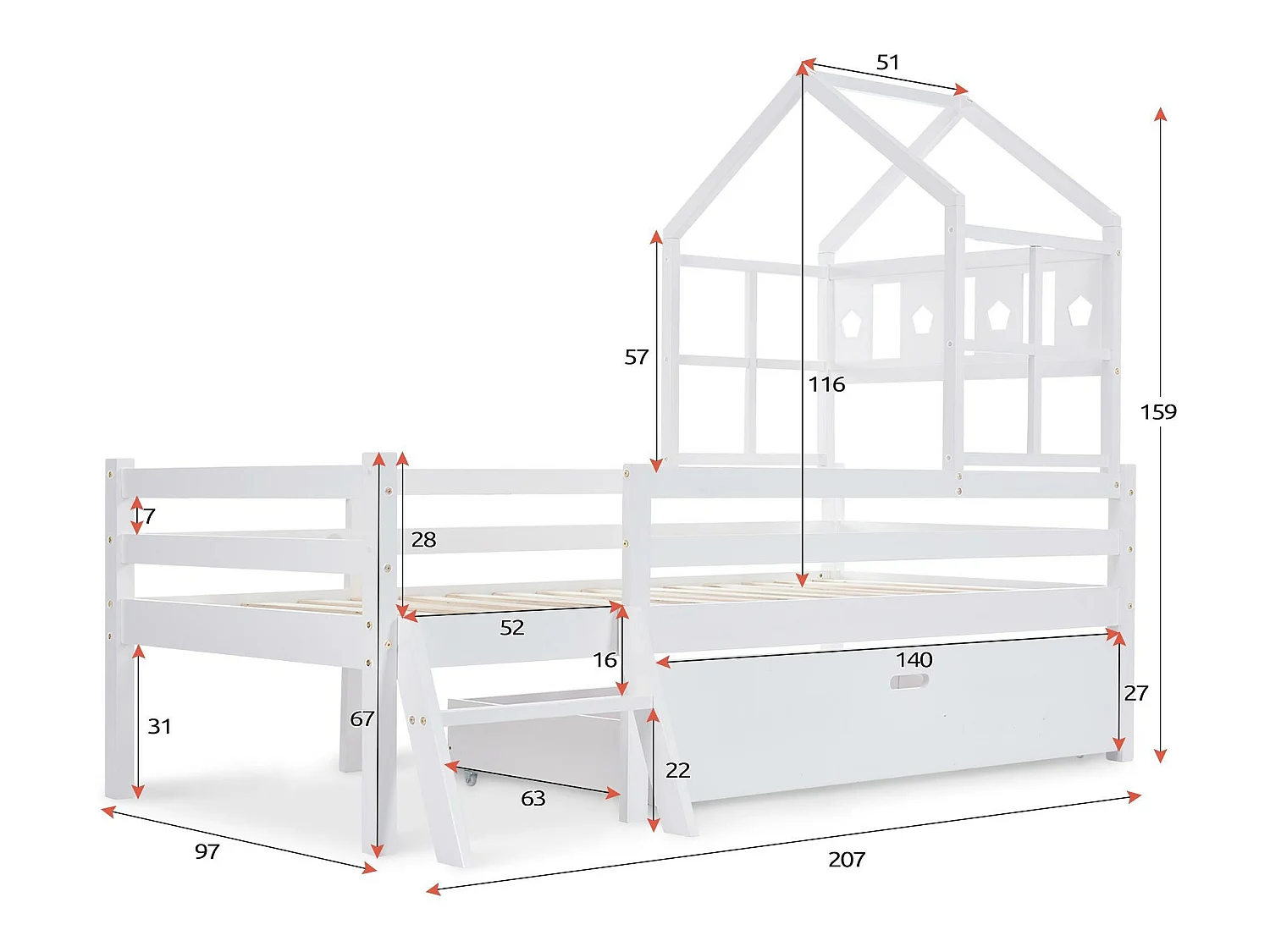Hausbett mit Leiter + Schubladen + Absturzsicherung – 90x200cm – Massivholz – Weiß