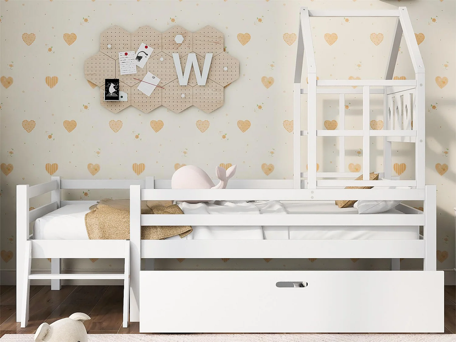 Lit cabane 90x200cm - en bois massif - avec échelle + tiroirs + protection antichute - Blanc