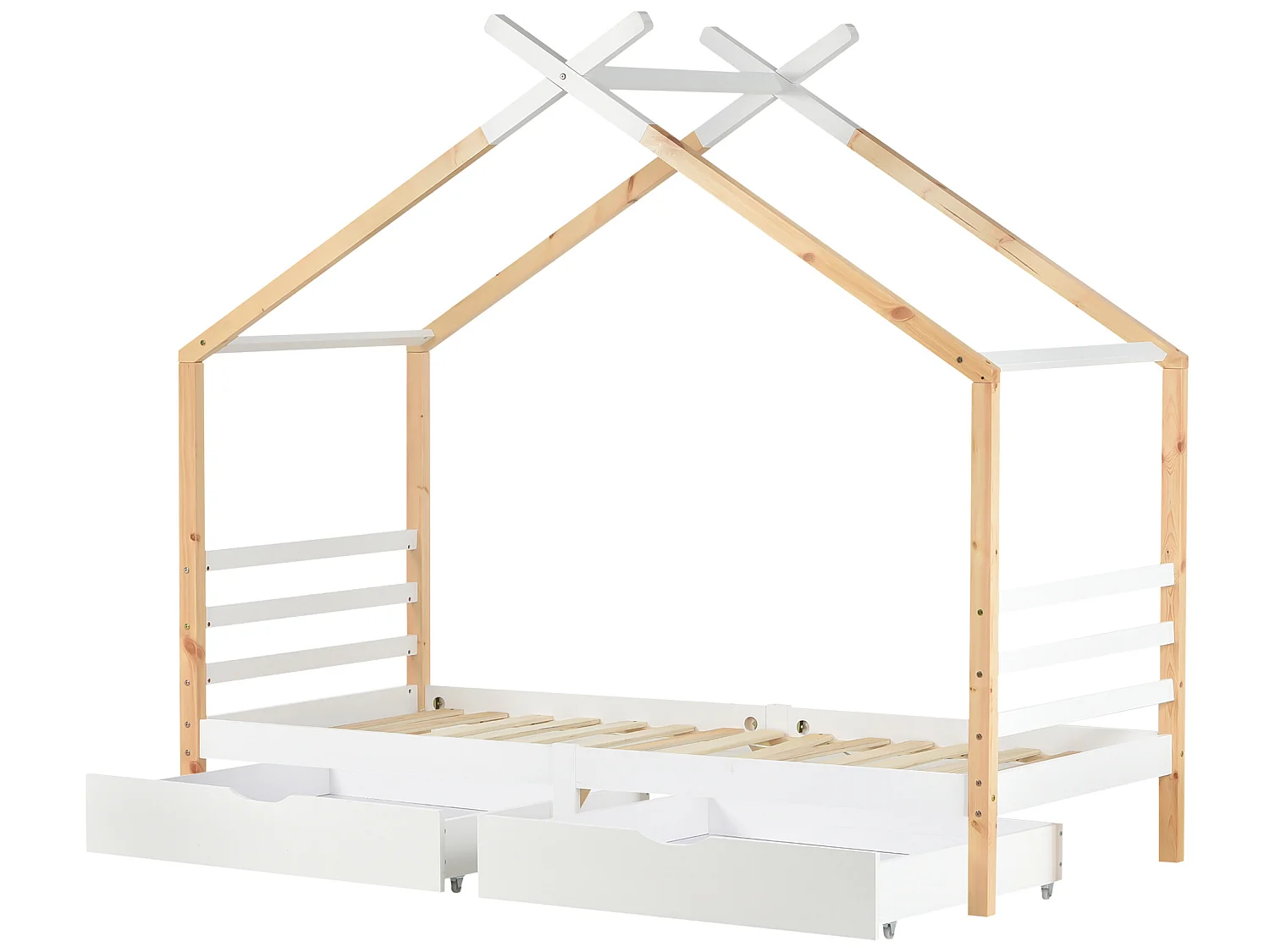 Cabinebed 90x200cm in massief hout met 2 laden - Naturel en Wit