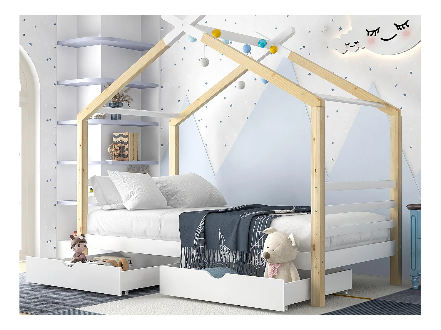 Lit cabane 90x200cm en bois massif avec 2 tiroirs - Naturel & Blanc
