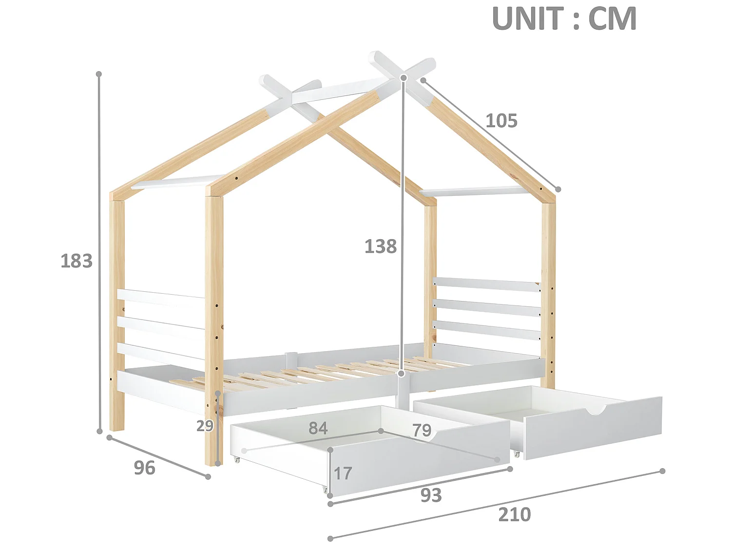 Lit cabane 90x200cm en bois massif avec 2 tiroirs - Naturel & Blanc