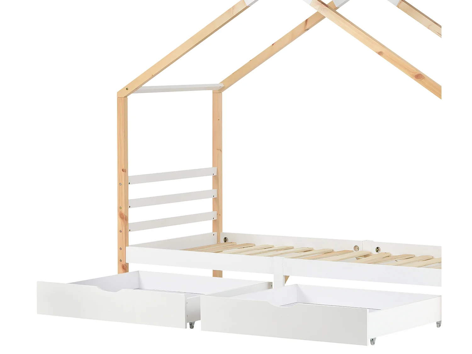 Lit cabane 90x200cm en bois massif avec 2 tiroirs - Naturel & Blanc