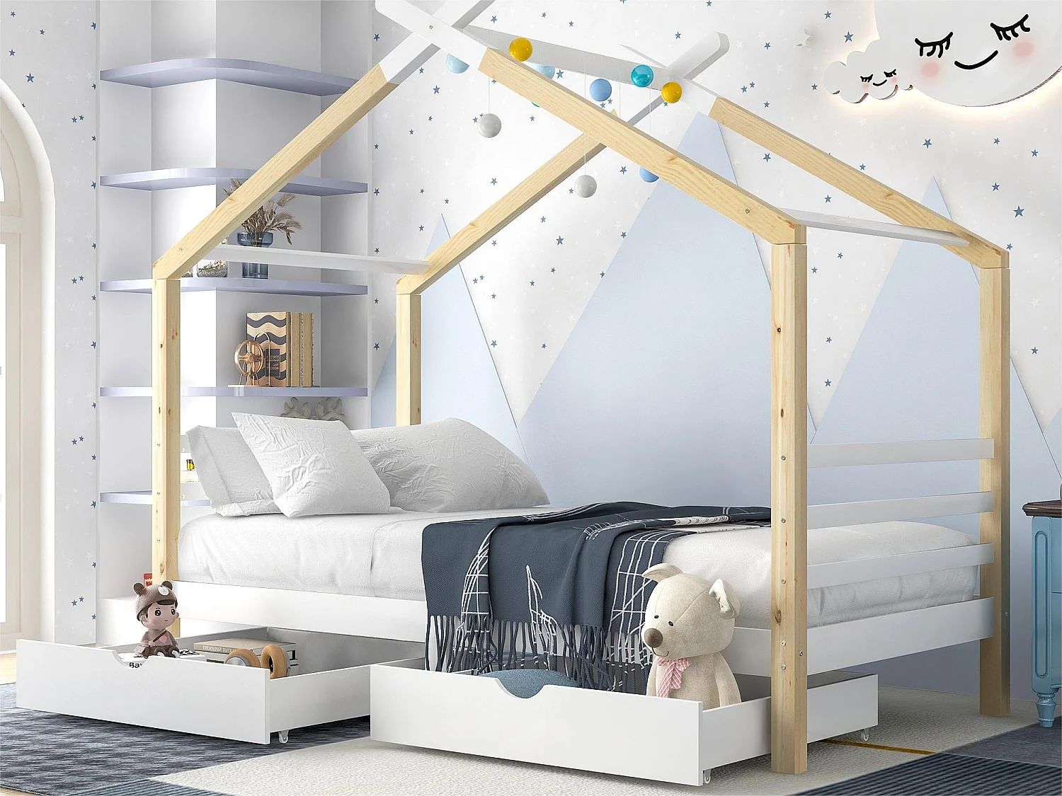 Lit cabane 90x200cm en bois massif avec 2 tiroirs - Naturel & Blanc