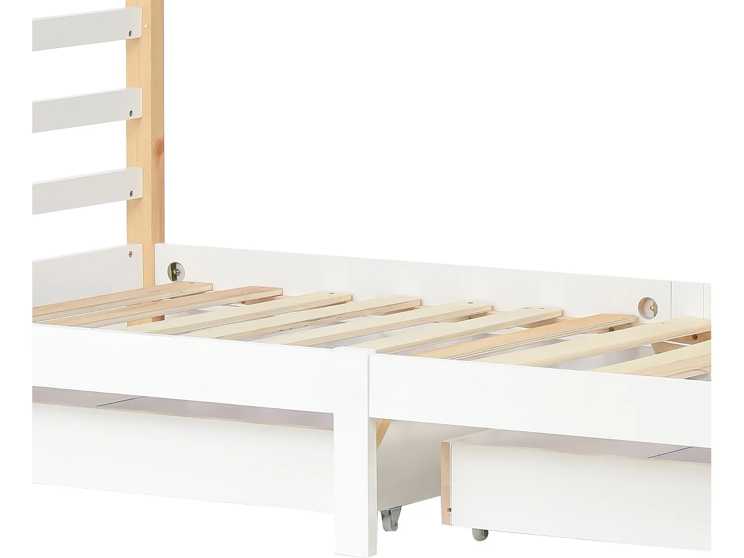 Lit cabane 90x200cm en bois massif avec 2 tiroirs - Naturel & Blanc