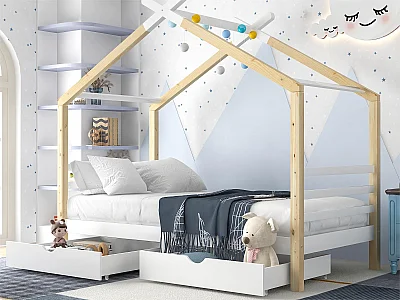 Lit cabane 90x200cm en bois massif avec 2 tiroirs - Naturel & Blanc