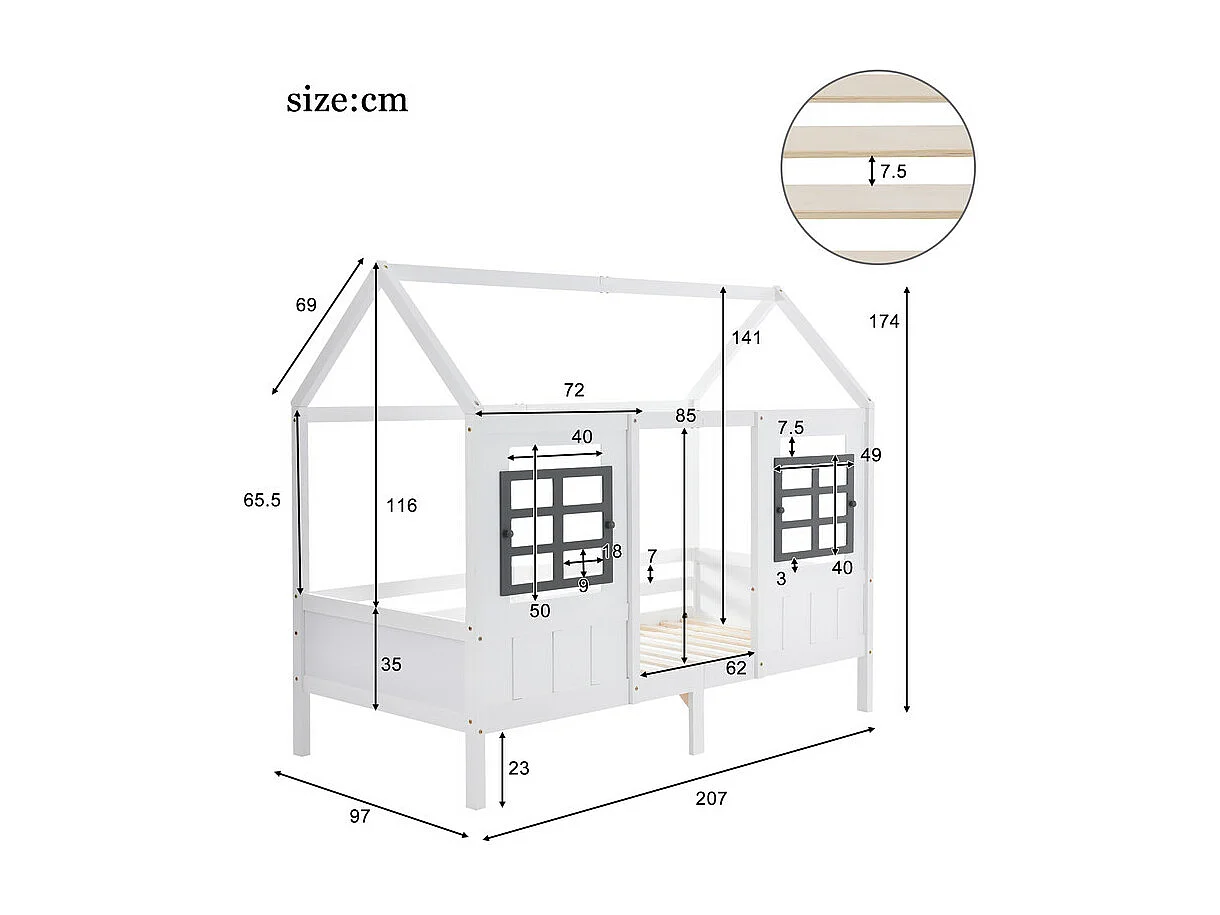 Lit cabane en pin massif - 90x200cm - avec sommier à lattes - Blanc
