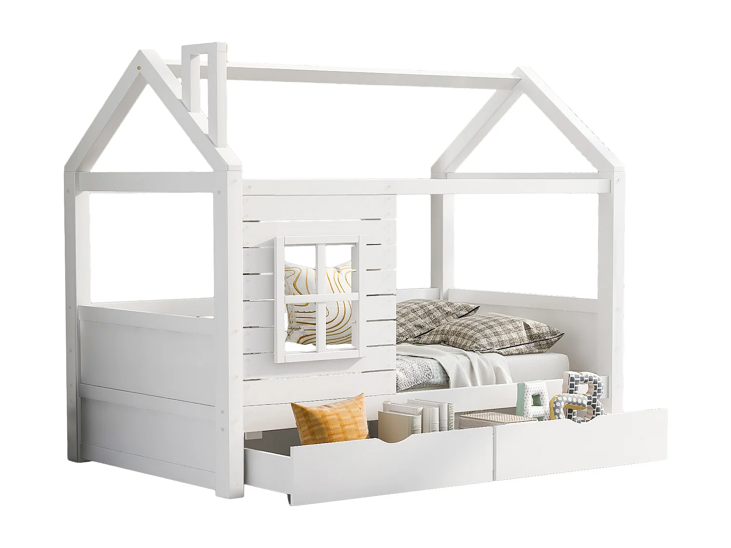 Hochbett 90x200 cm mit 2 Schubladen - Hausform - Massivholz - Weiß