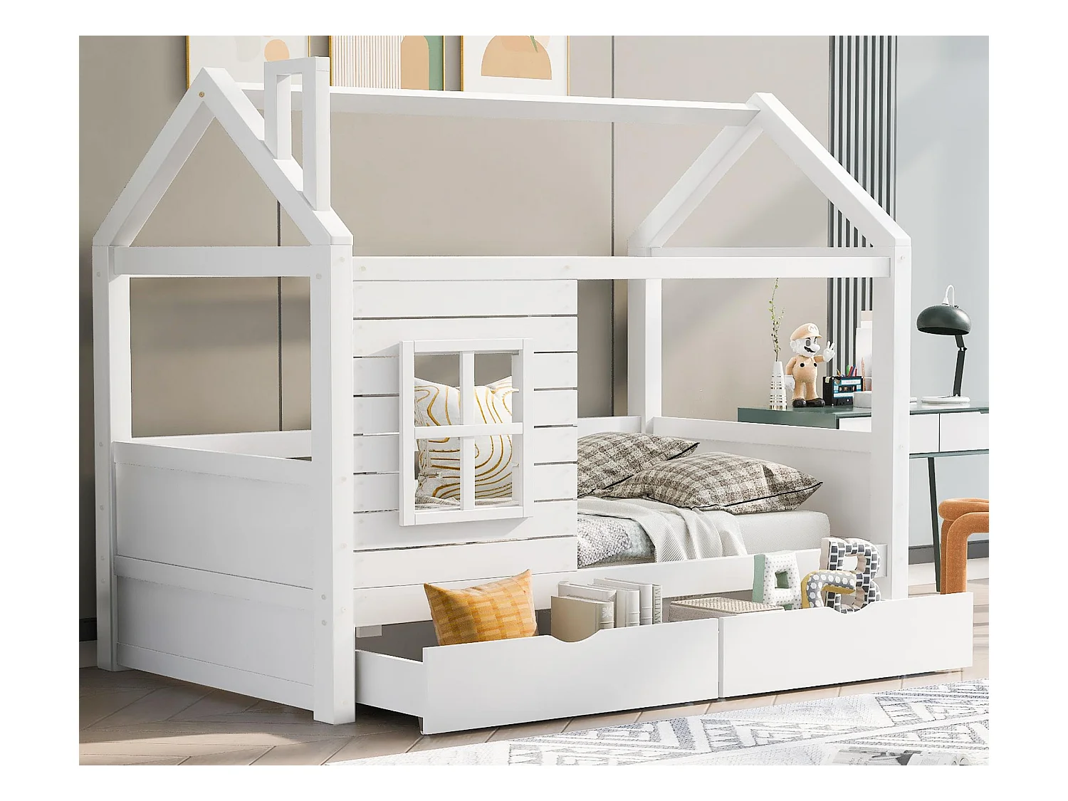 Lit cabane 90x200 cm avec 2 tiroirs - en forme de maison - en bois massif - Blanc