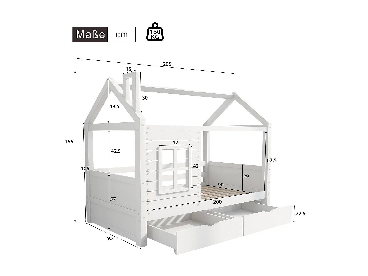 Lit cabane 90x200 cm avec 2 tiroirs - en forme de maison - en bois massif - Blanc