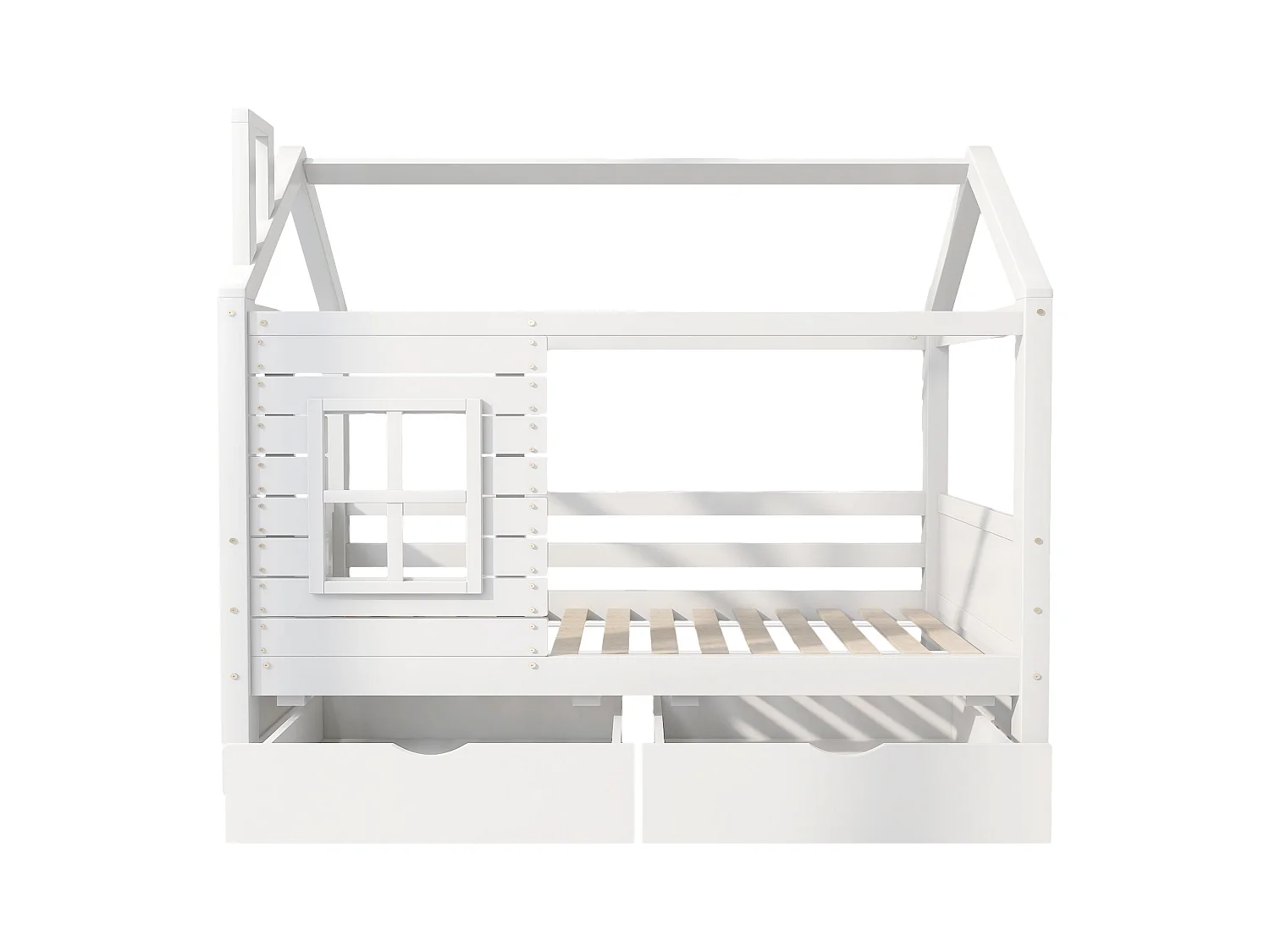 Lit cabane 90x200 cm avec 2 tiroirs - en forme de maison - en bois massif - Blanc