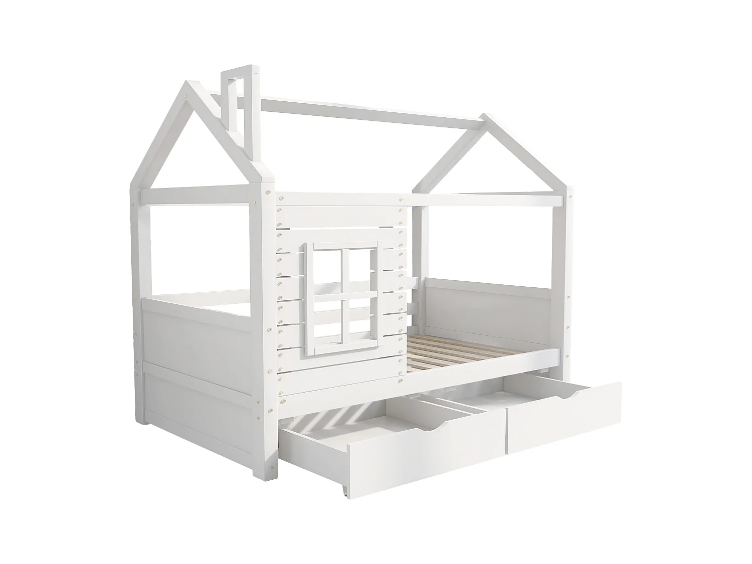 Lit cabane 90x200 cm avec 2 tiroirs - en forme de maison - en bois massif - Blanc