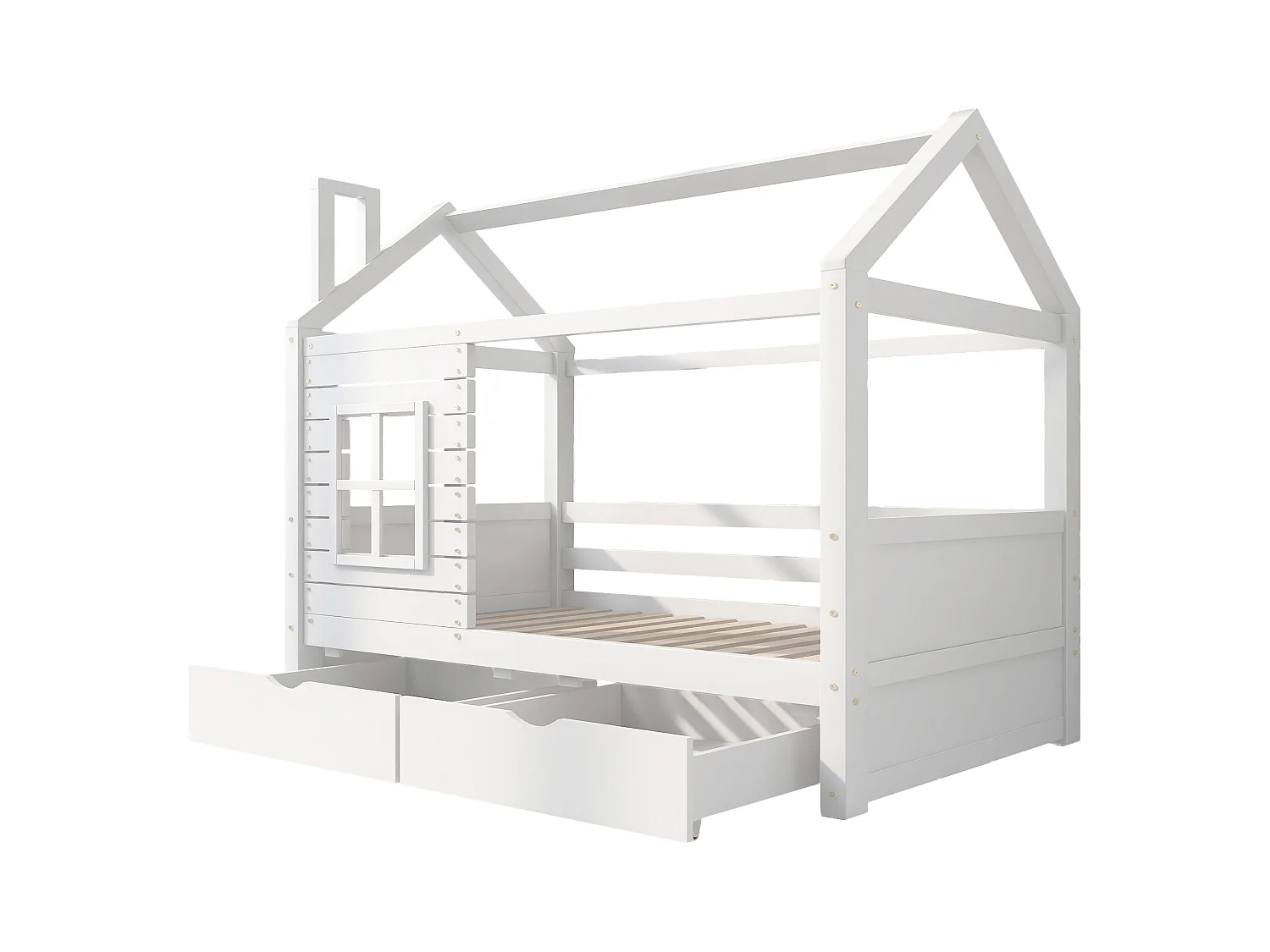 Lit cabane 90x200 cm avec 2 tiroirs - en forme de maison - en bois massif - Blanc