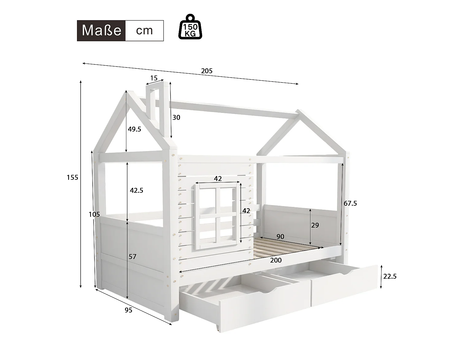Kajuitbed 90x200 cm met 2 lades - huisvormig - massief hout - Wit