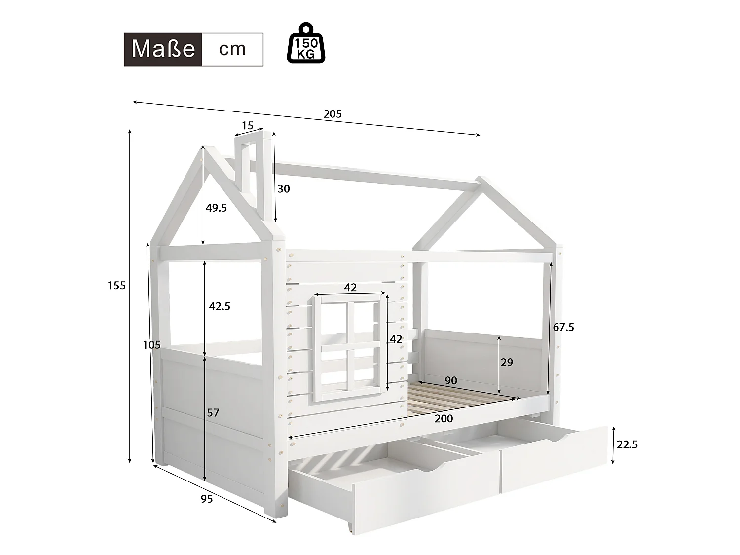 Kajuitbed 90x200 cm met 2 lades - huisvormig - massief hout - Wit