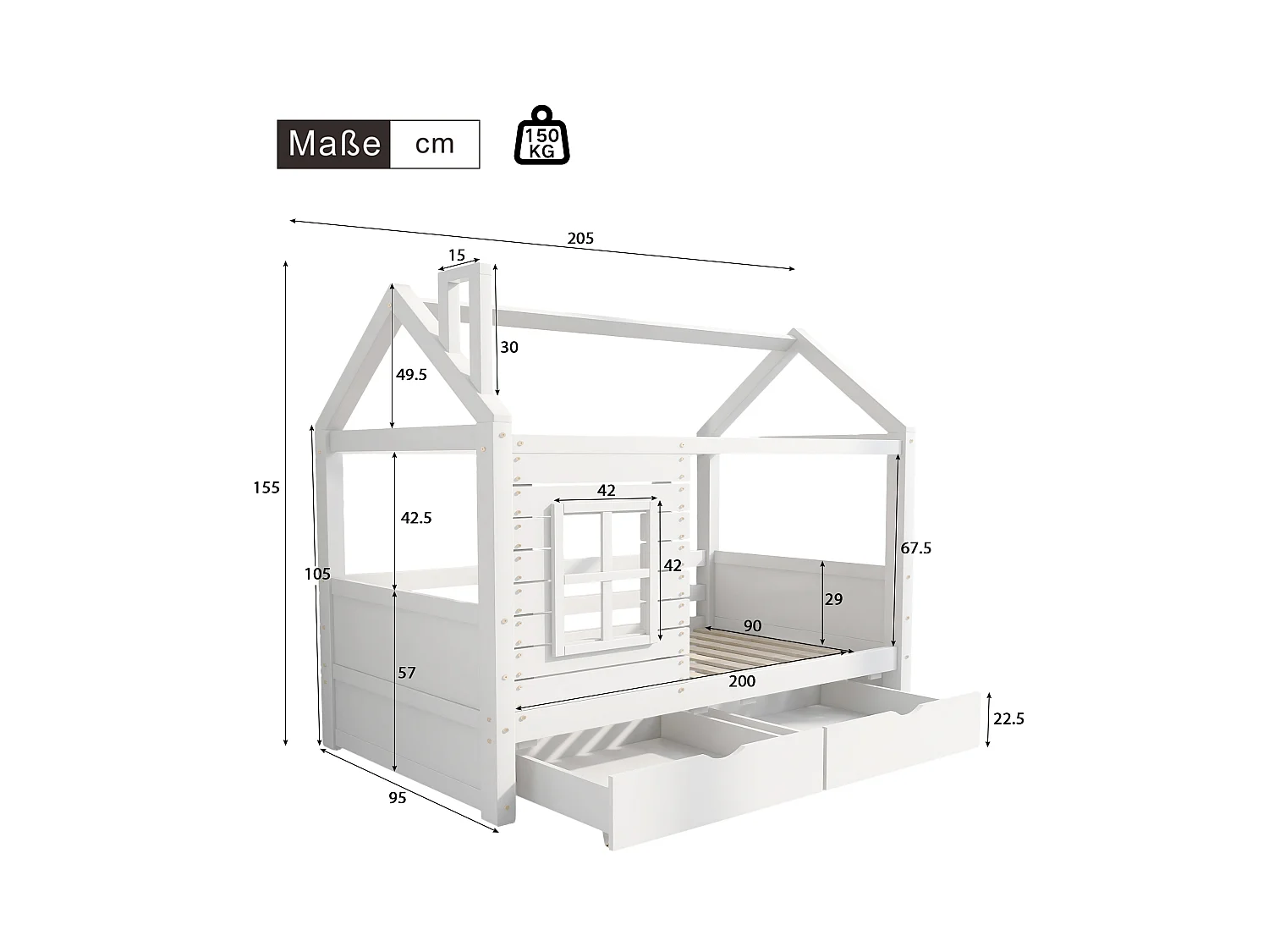 Kajuitbed 90x200 cm met 2 lades - huisvormig - massief hout - Wit