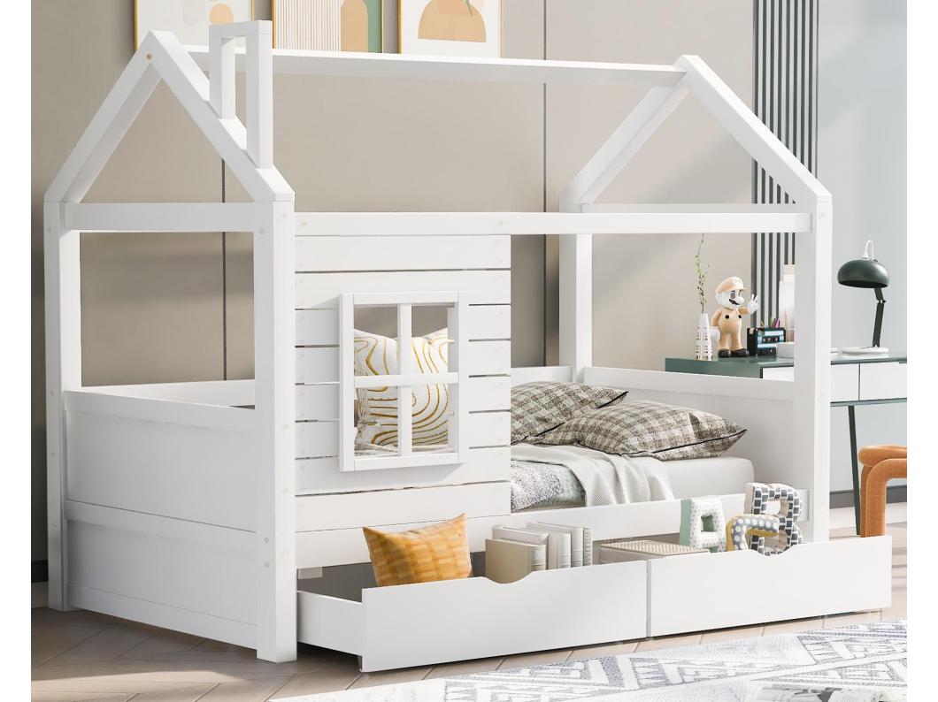Camarote 90x200 cm con 2 cajones - forma de casa - madera maciza - Blanco