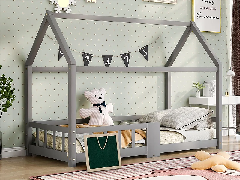 Cabinebed 90x200cm in massief hout - met schoolbord - Grijs