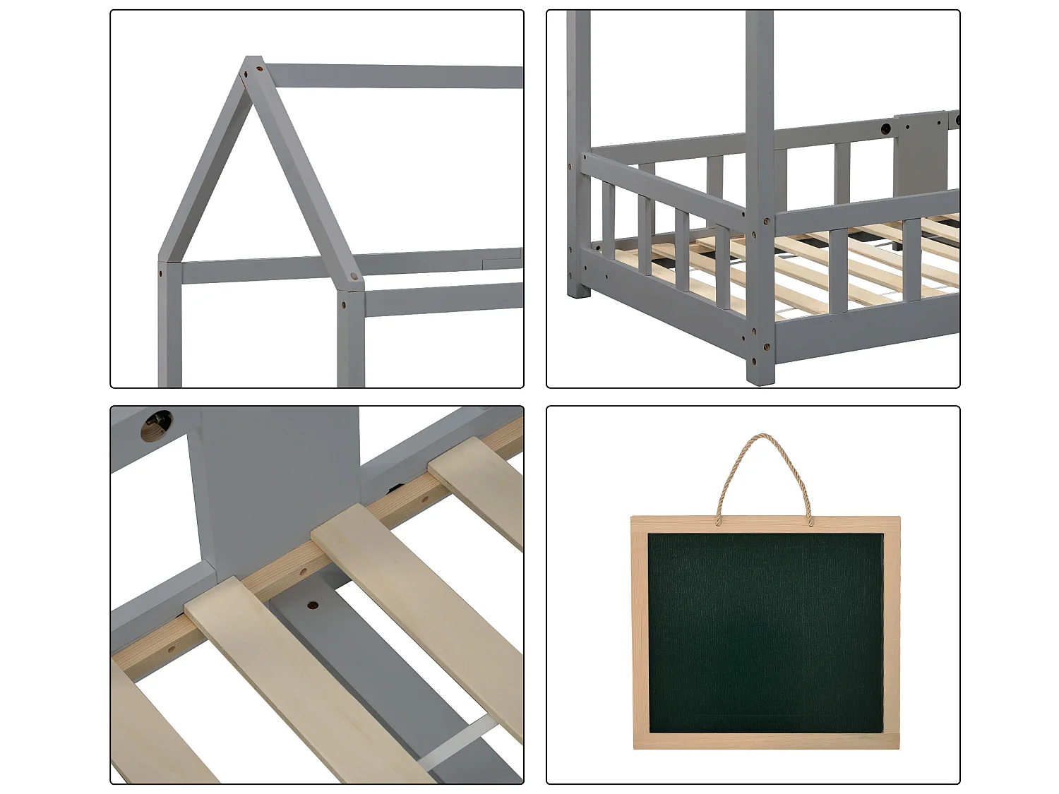 Cabinebed 90x200cm in massief hout - met schoolbord - Grijs