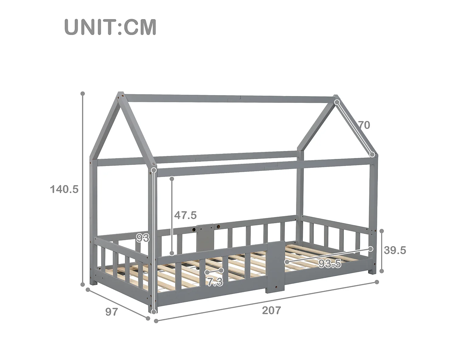 Hochbett 90x200cm aus Massivholz – mit Tafel – Grau