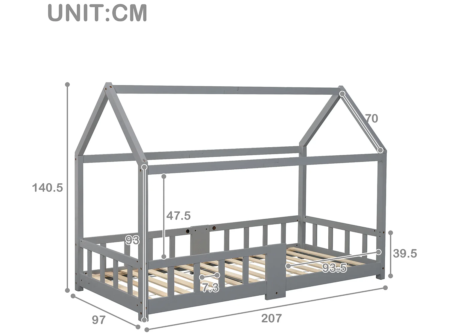 Lit cabane 90x200cm en bois massif - avec un tableau noir - Gris