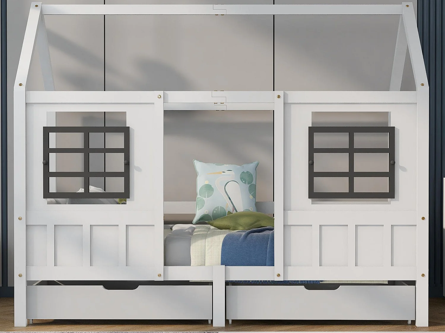 Hausbett mit Fenstern + Lattenrost + 2 Schubladen - 90x200cm - Kiefernholz - Weiß