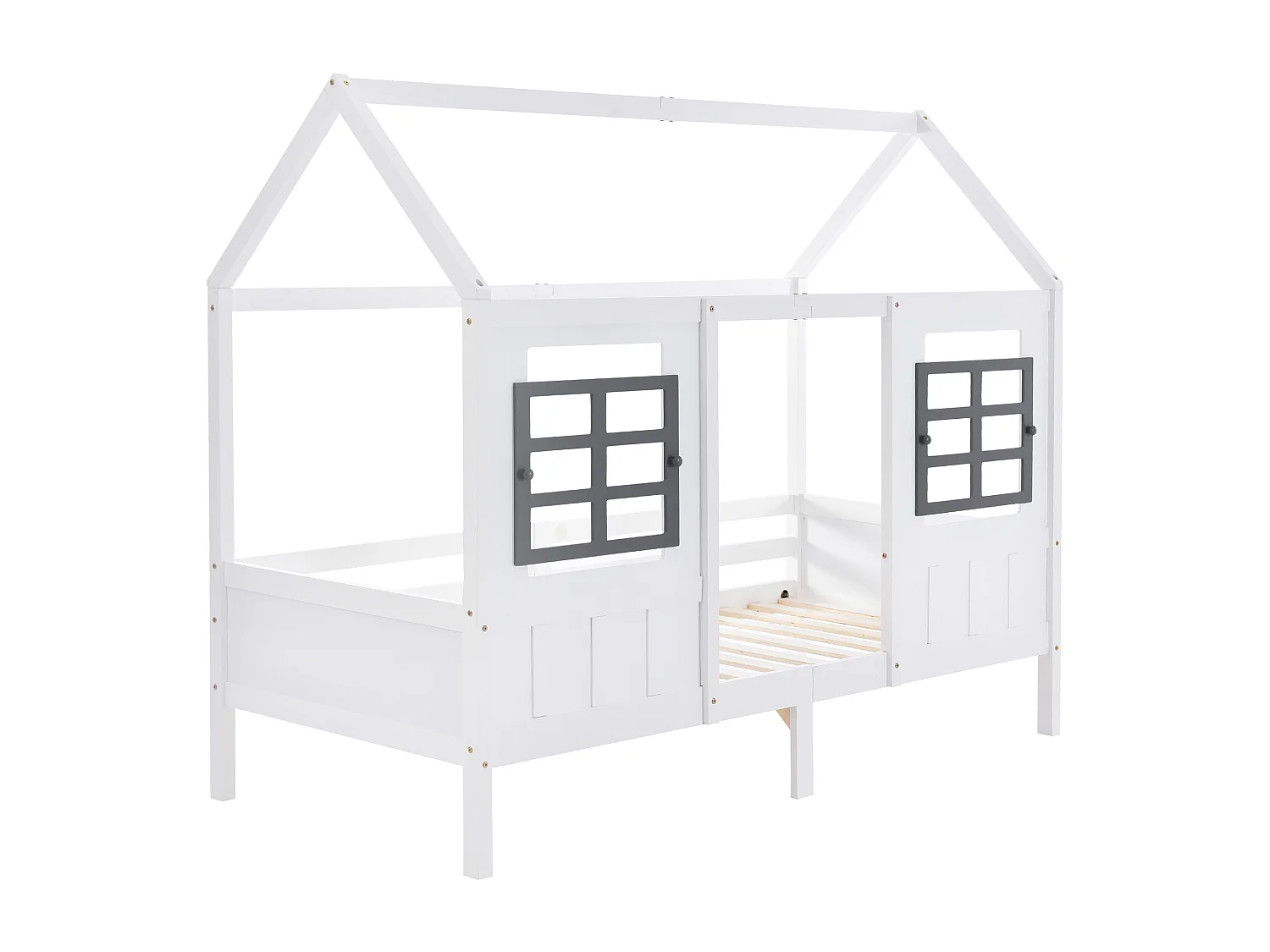 Hausbett mit Fenstern + Lattenrost + 2 Schubladen - 90x200cm - Kiefernholz - Weiß