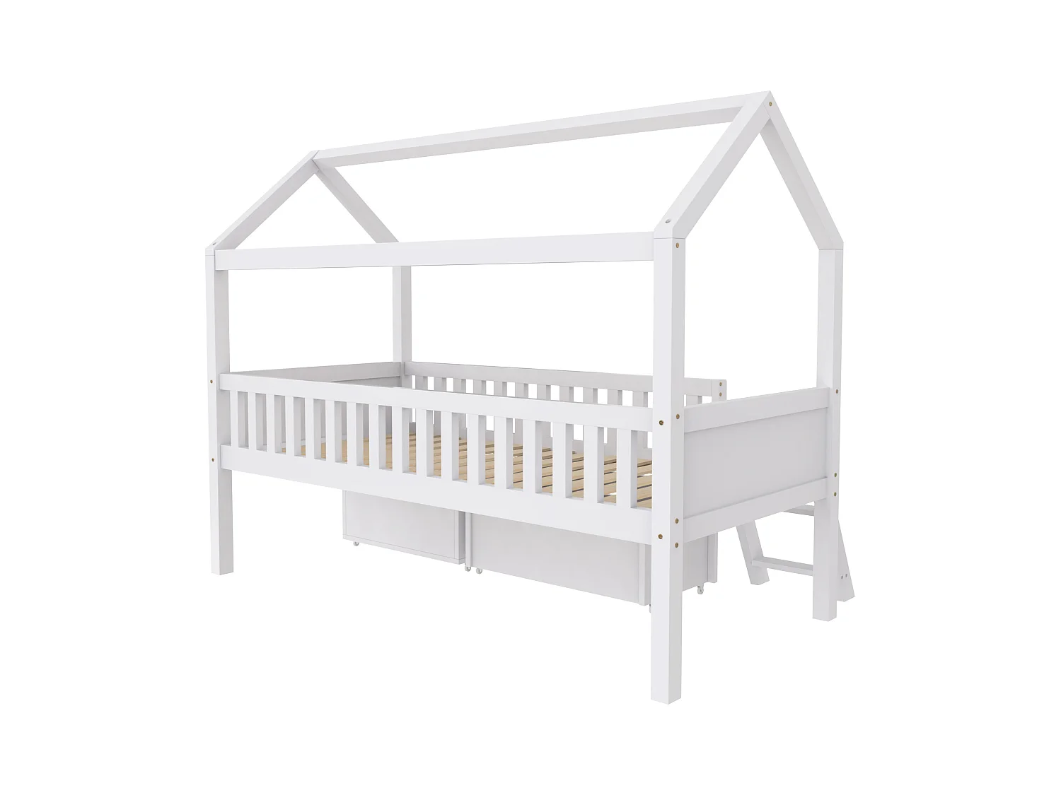 Lit cabane en bois massif - 90x200 cm - avec rangements et échelle - Blanc