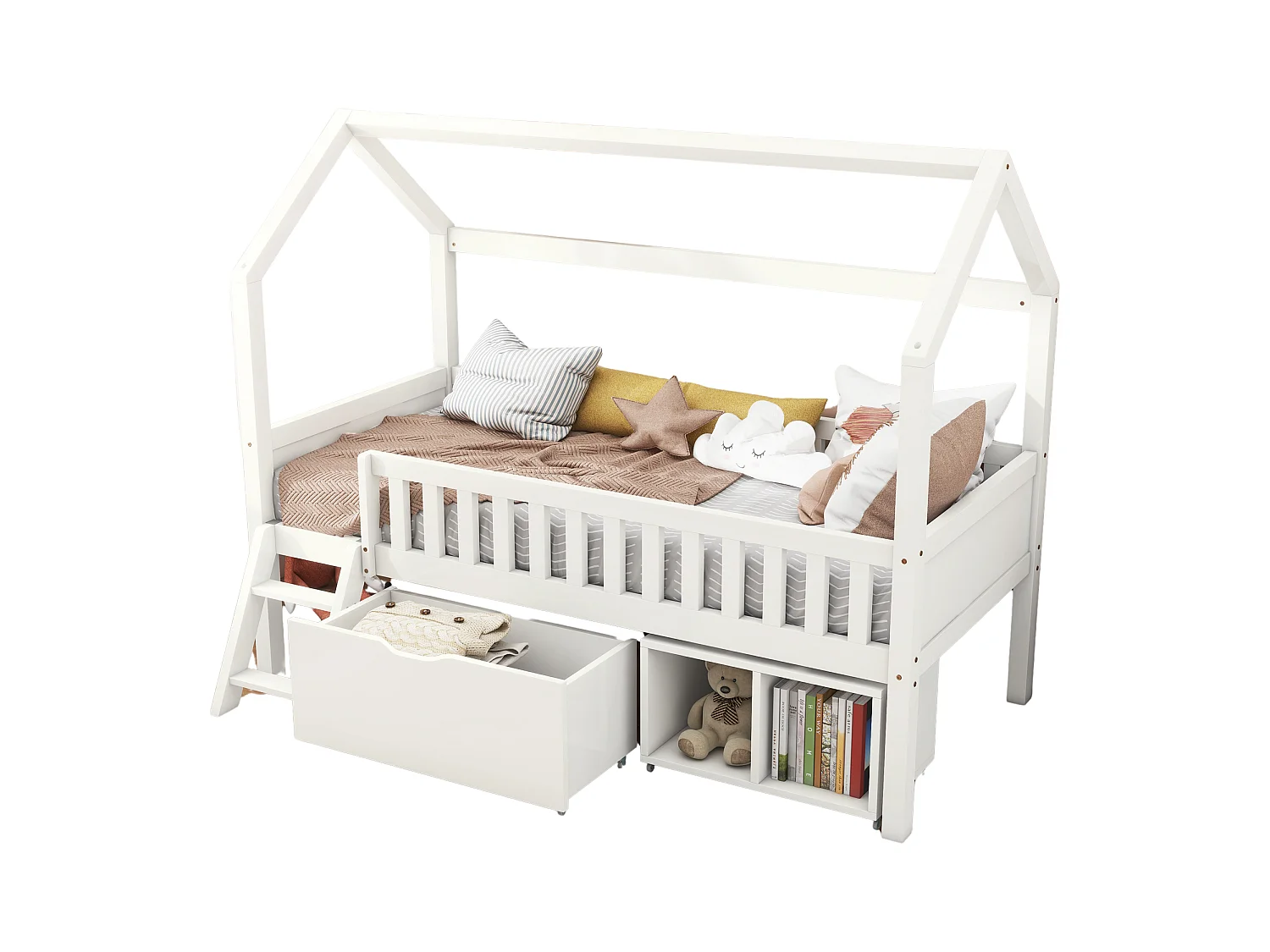 Lit cabane en bois massif - 90x200 cm - avec rangements et échelle - Blanc