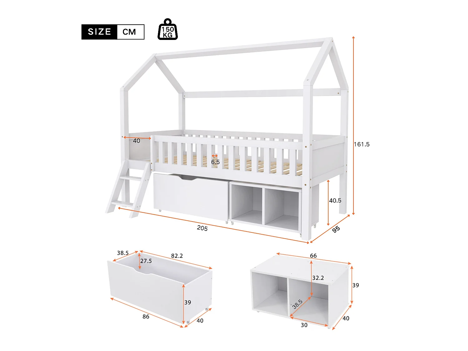 Lit cabane en bois massif - 90x200 cm - avec rangements et échelle - Blanc
