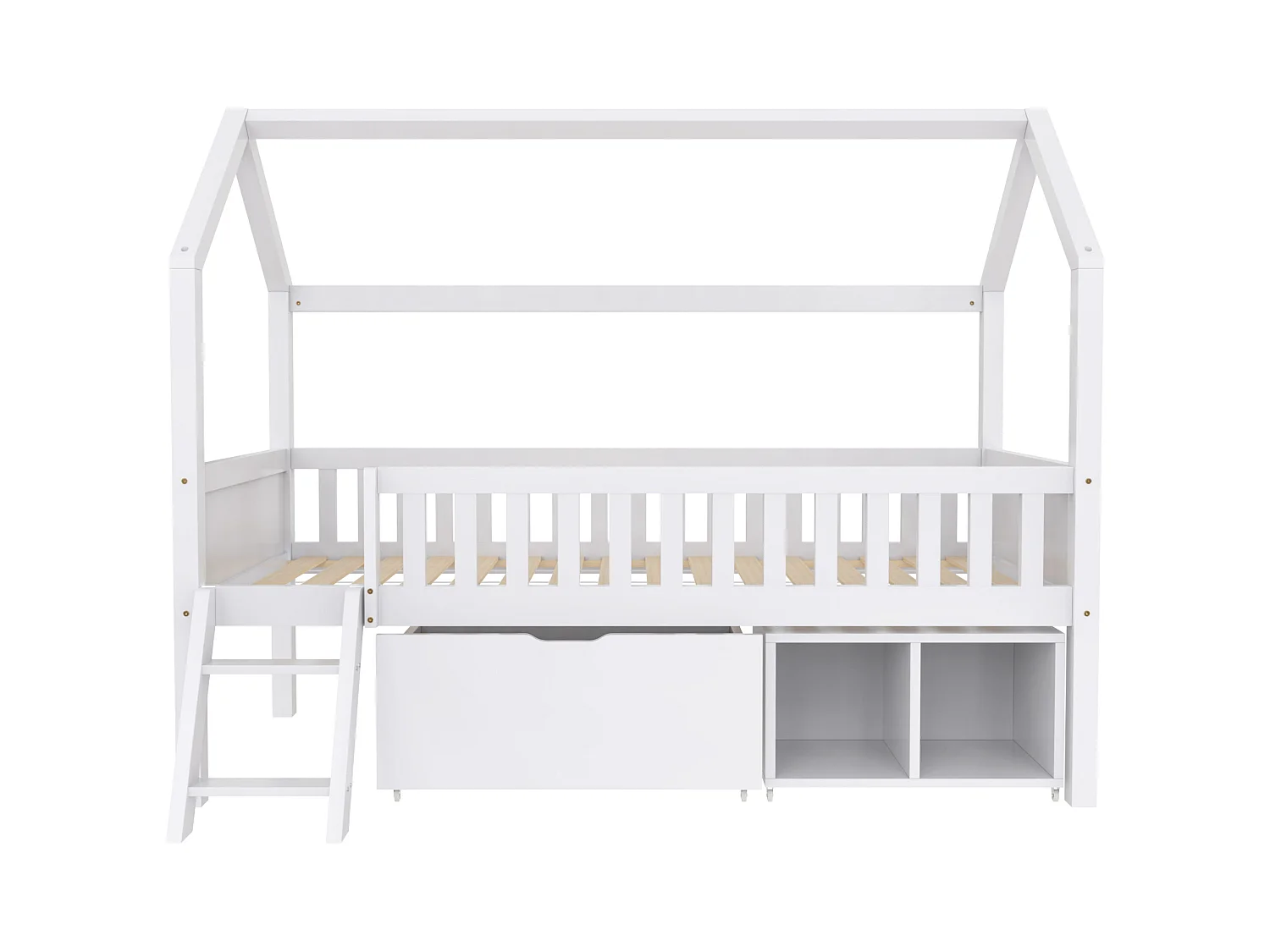 Lit cabane en bois massif - 90x200 cm - avec rangements et échelle - Blanc