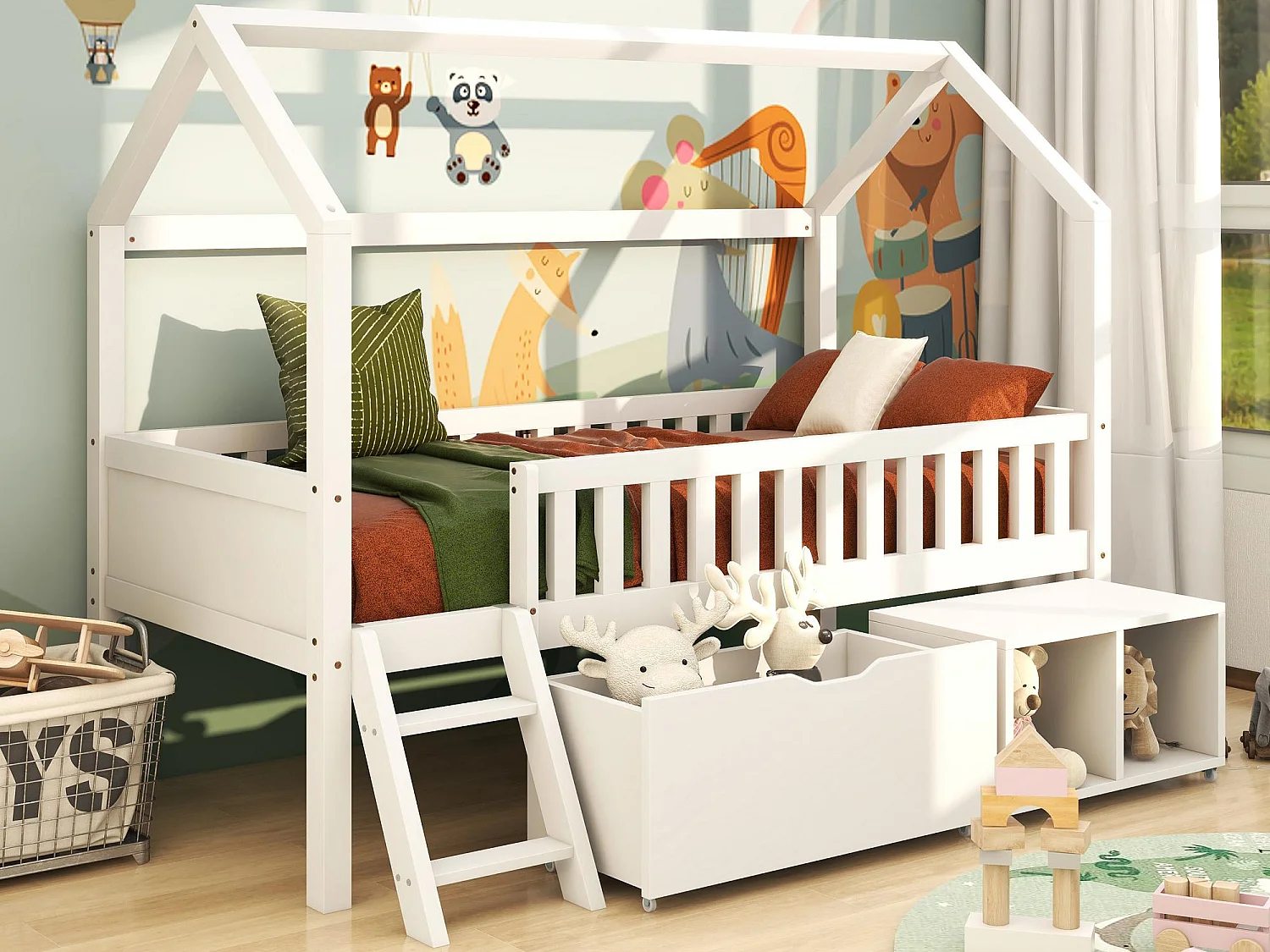 Massief houten kajuitbed - 90x200 cm - met opbergruimte en ladder - Wit