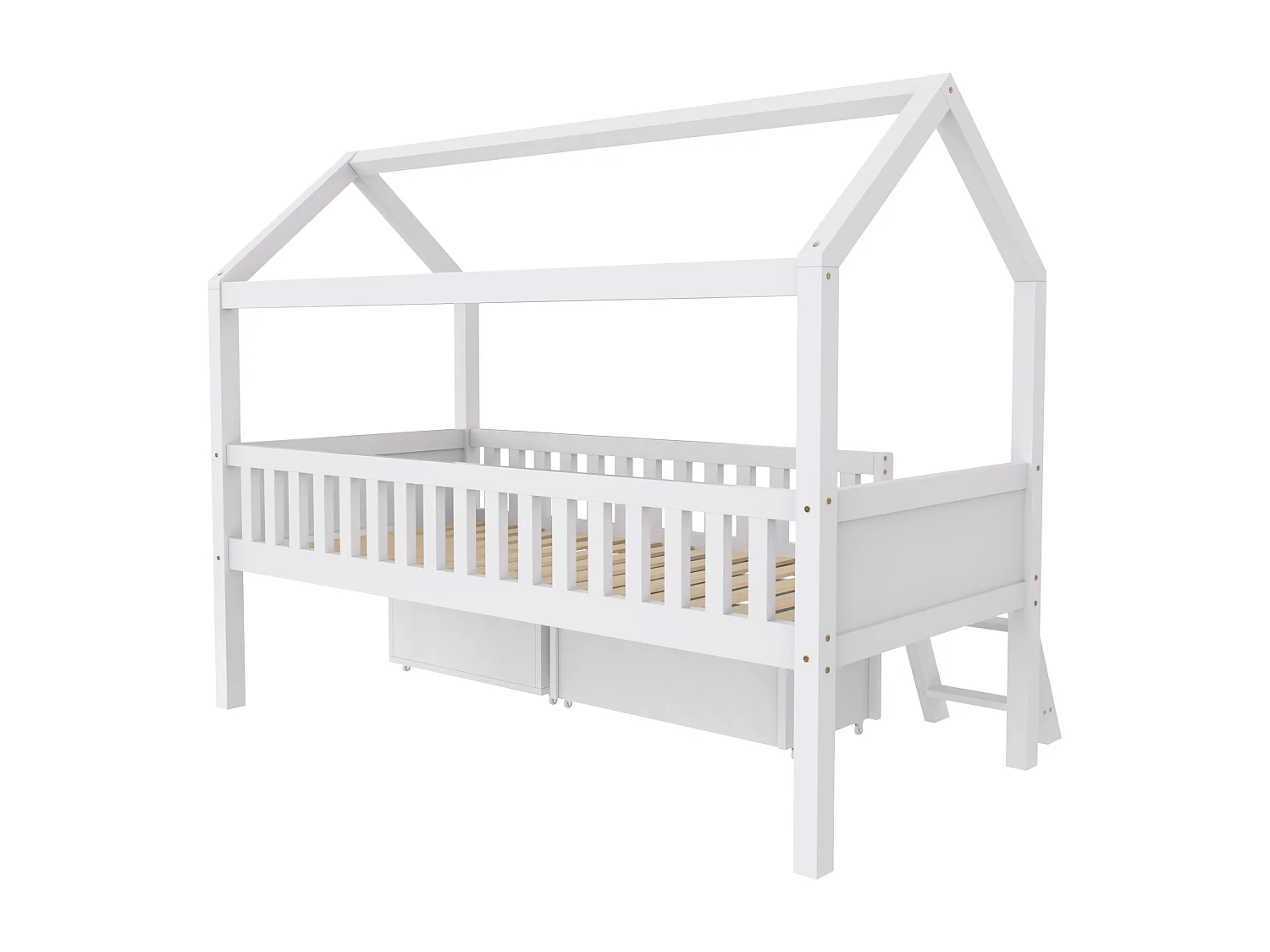 Massief houten kajuitbed - 90x200 cm - met opbergruimte en ladder - Wit