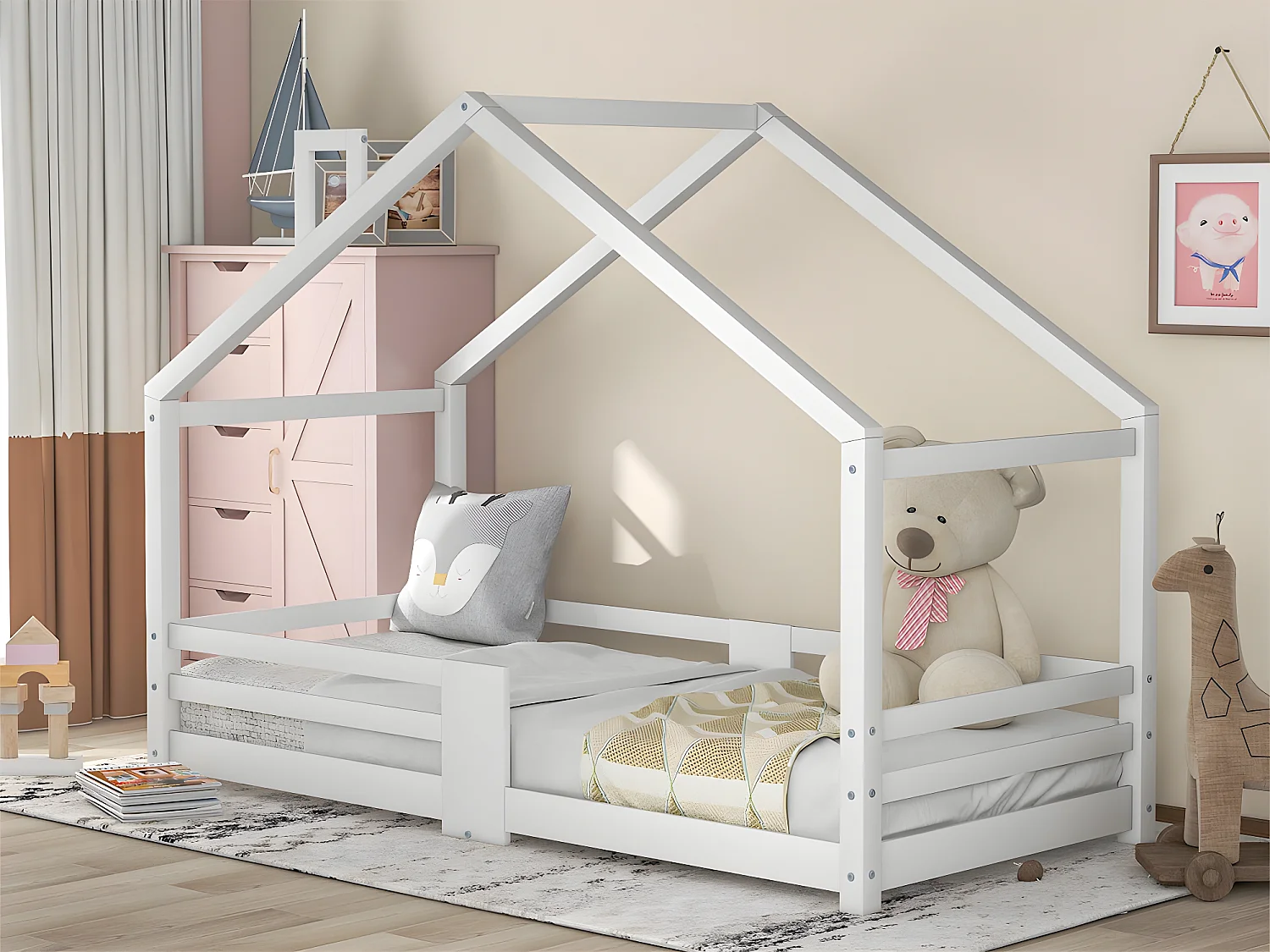 Letto a soppalco con griglia protettiva - 90x200 cm - legno massello - Bianco