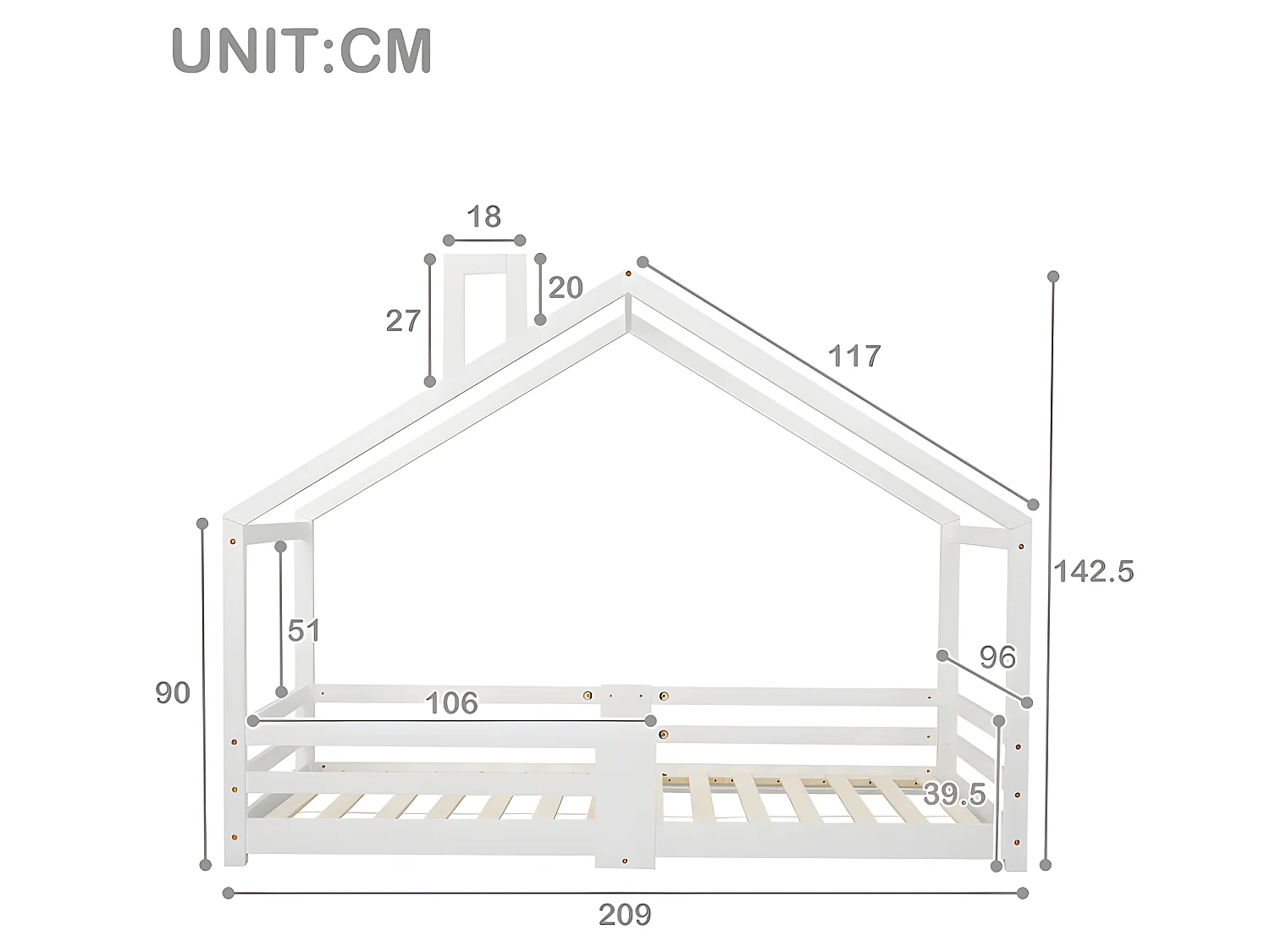 Letto a soppalco con griglia protettiva - 90x200 cm - legno massello - Bianco
